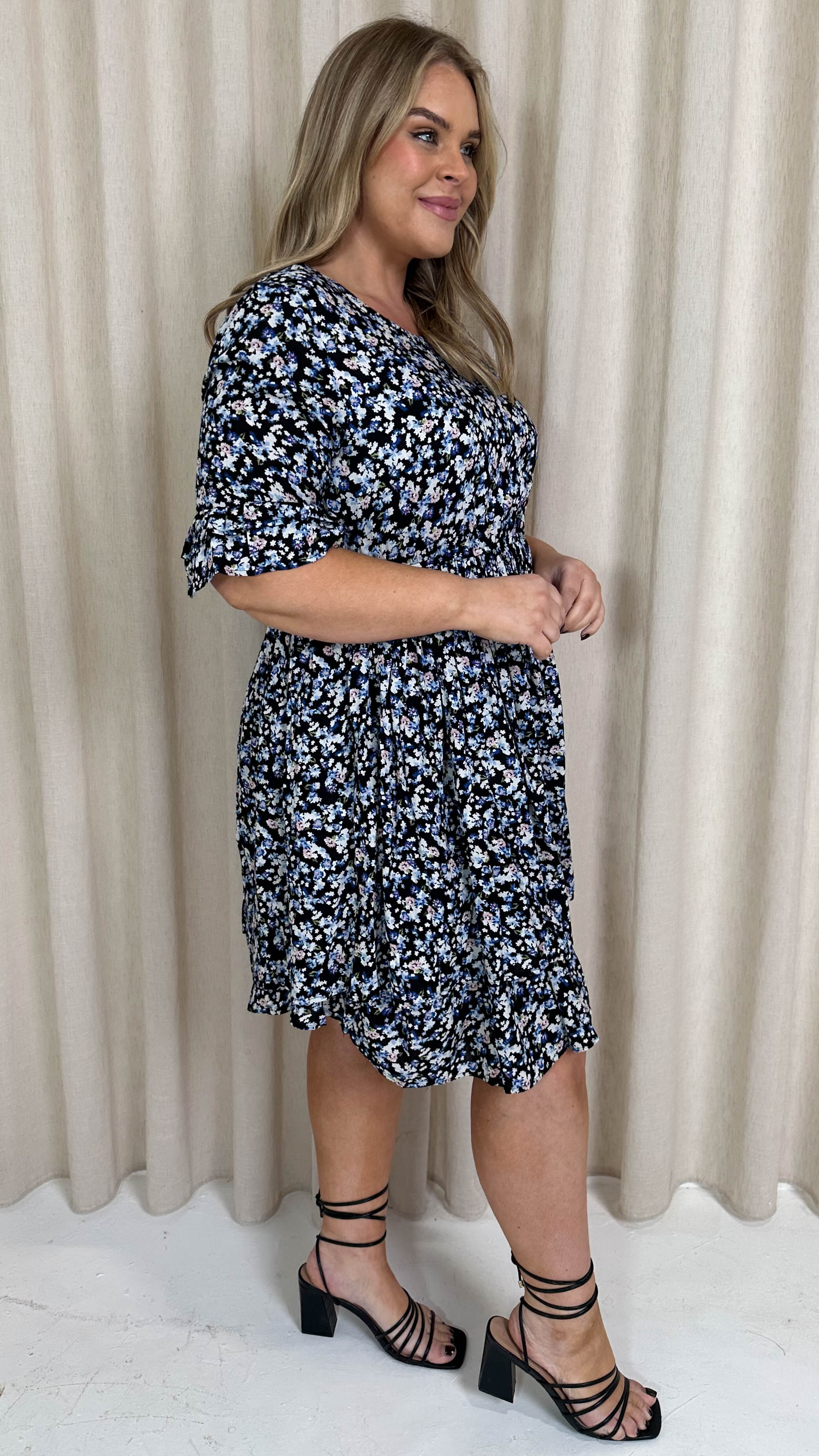 CurveWow Double Layer Tea Dress Blue Black Floral