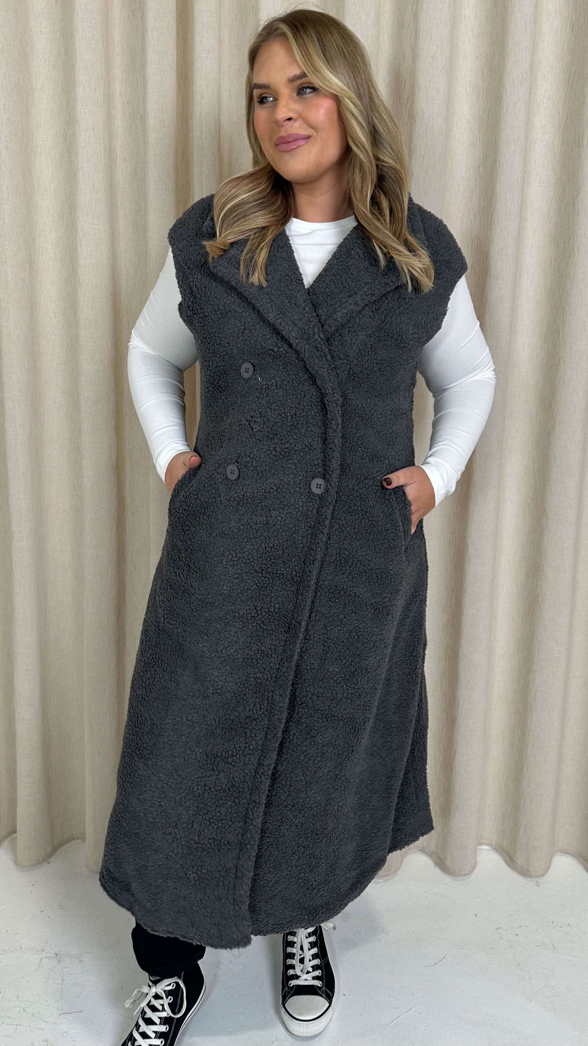 CurveWow Button Front Teddy Gilet Grey