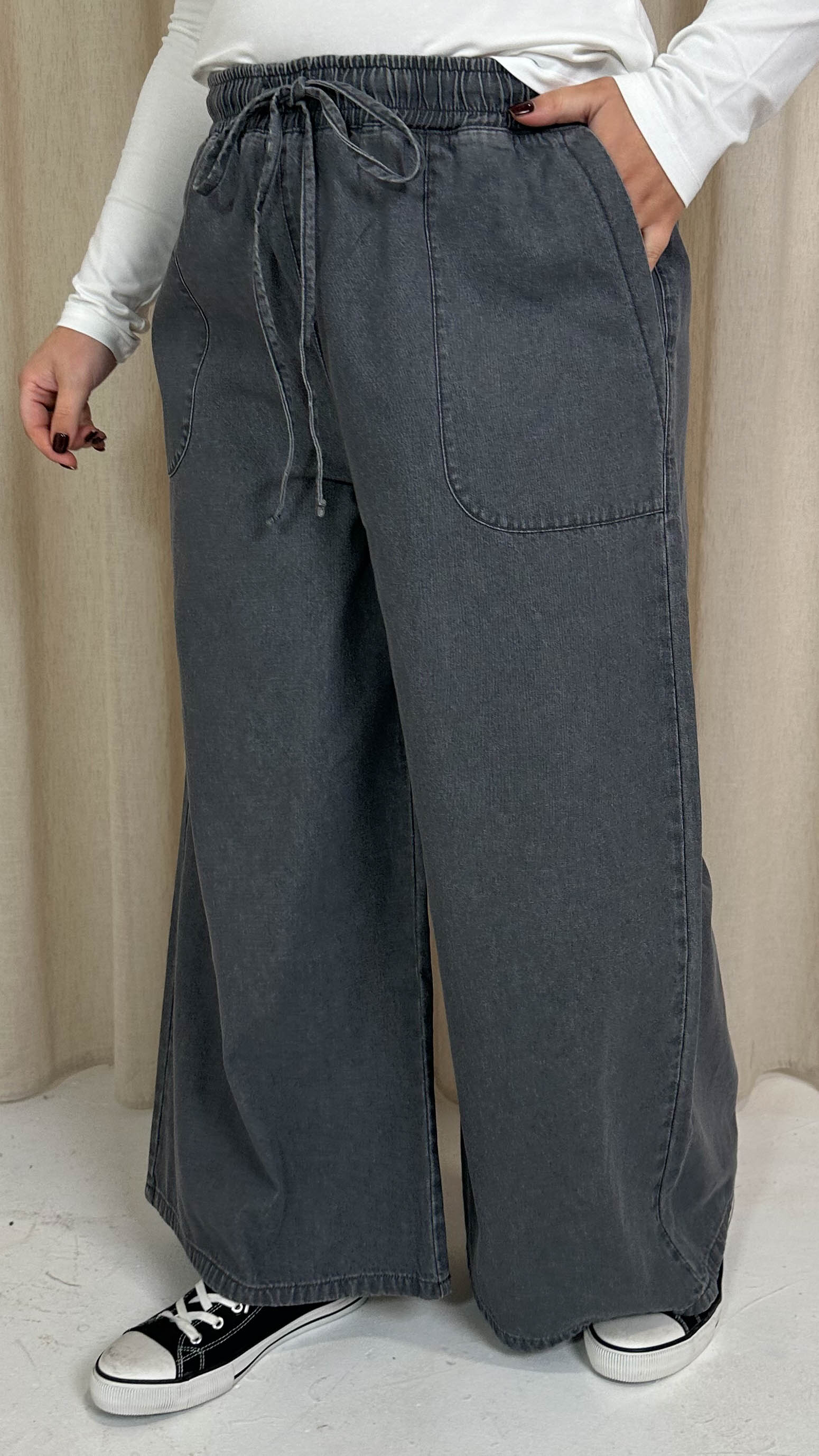 CurveWow Chambray Wide Leg Trousers Grey Wash