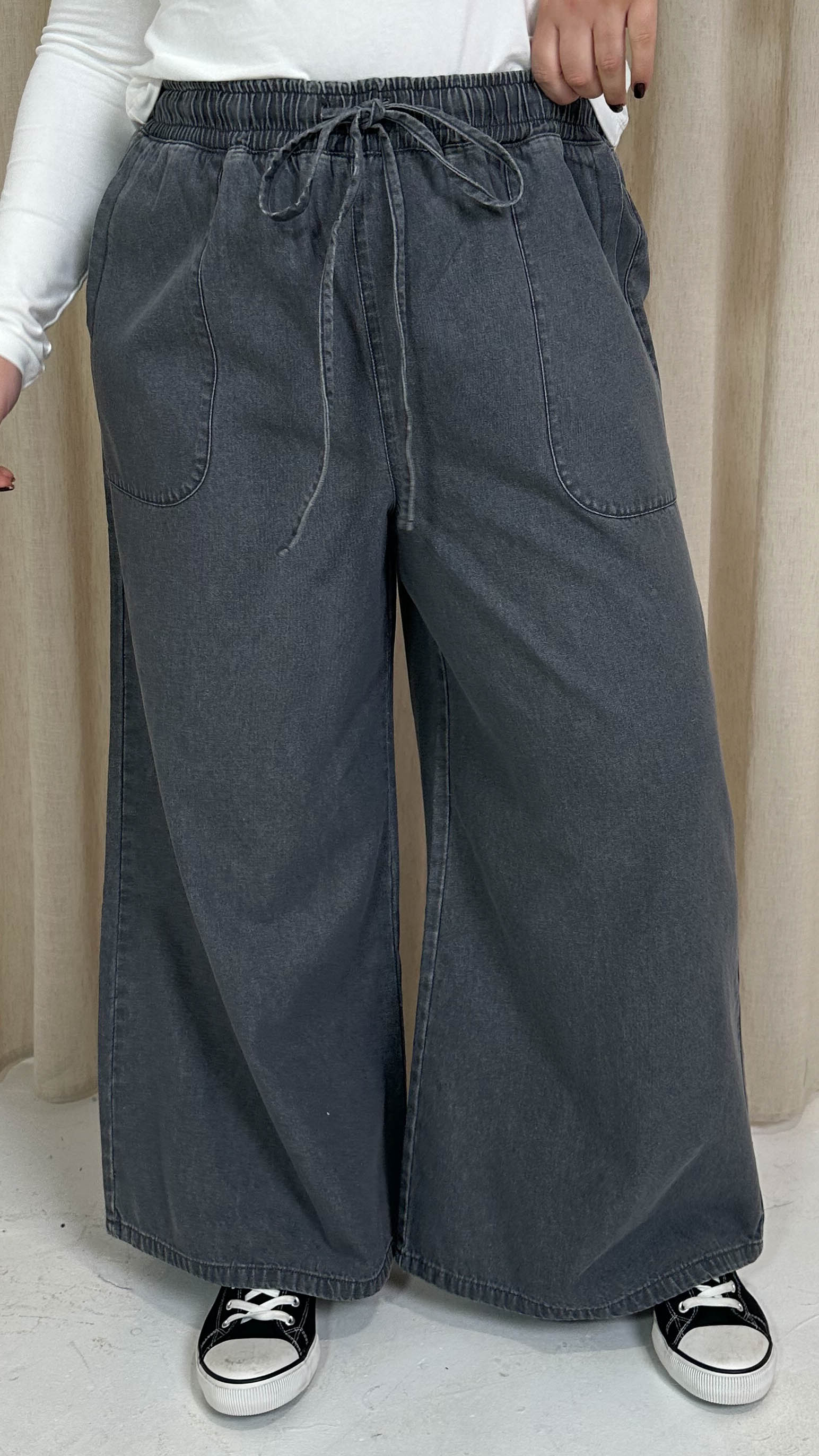 CurveWow Chambray Wide Leg Trousers Grey Wash