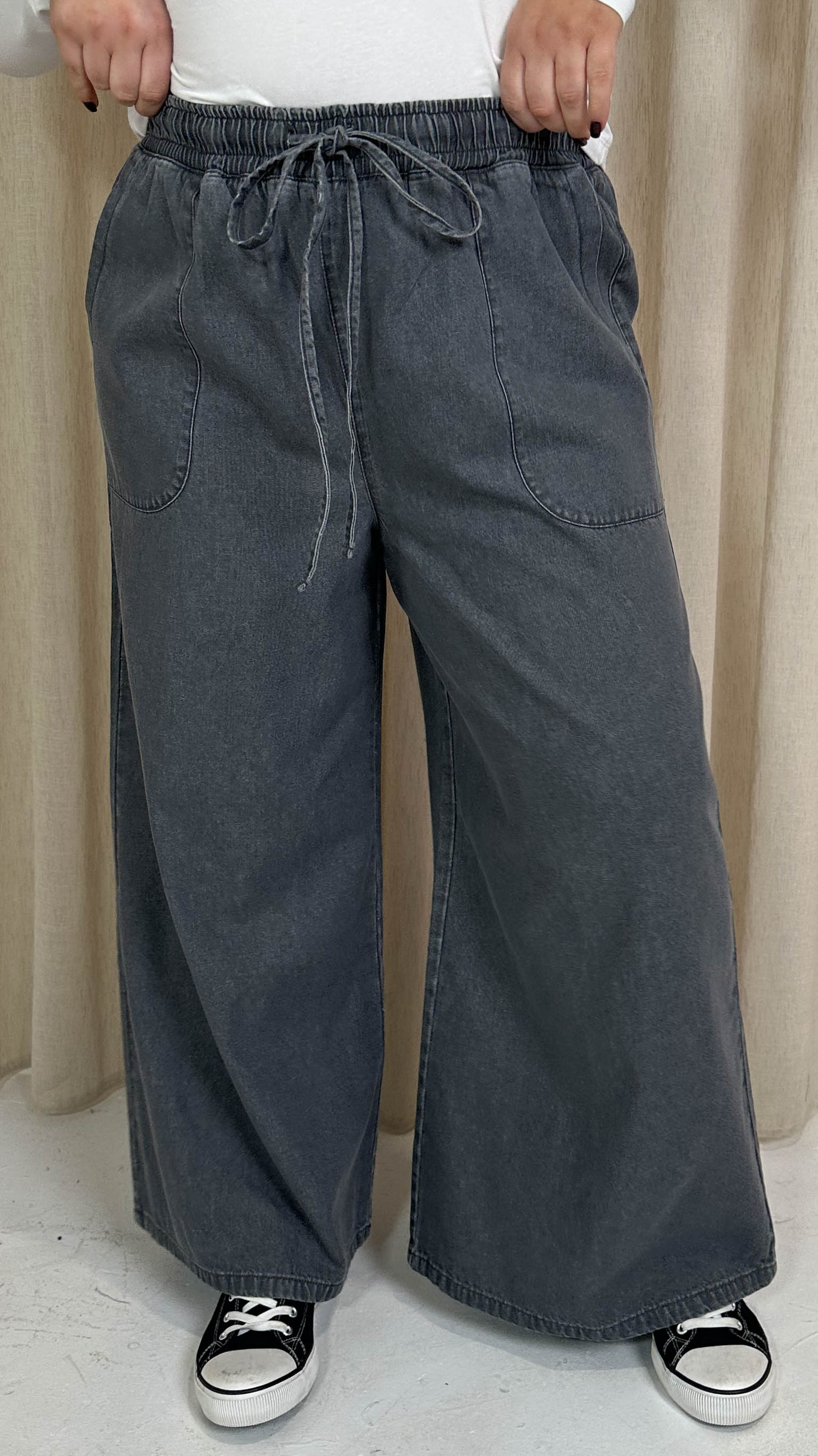 CurveWow Chambray Wide Leg Trousers Grey Wash