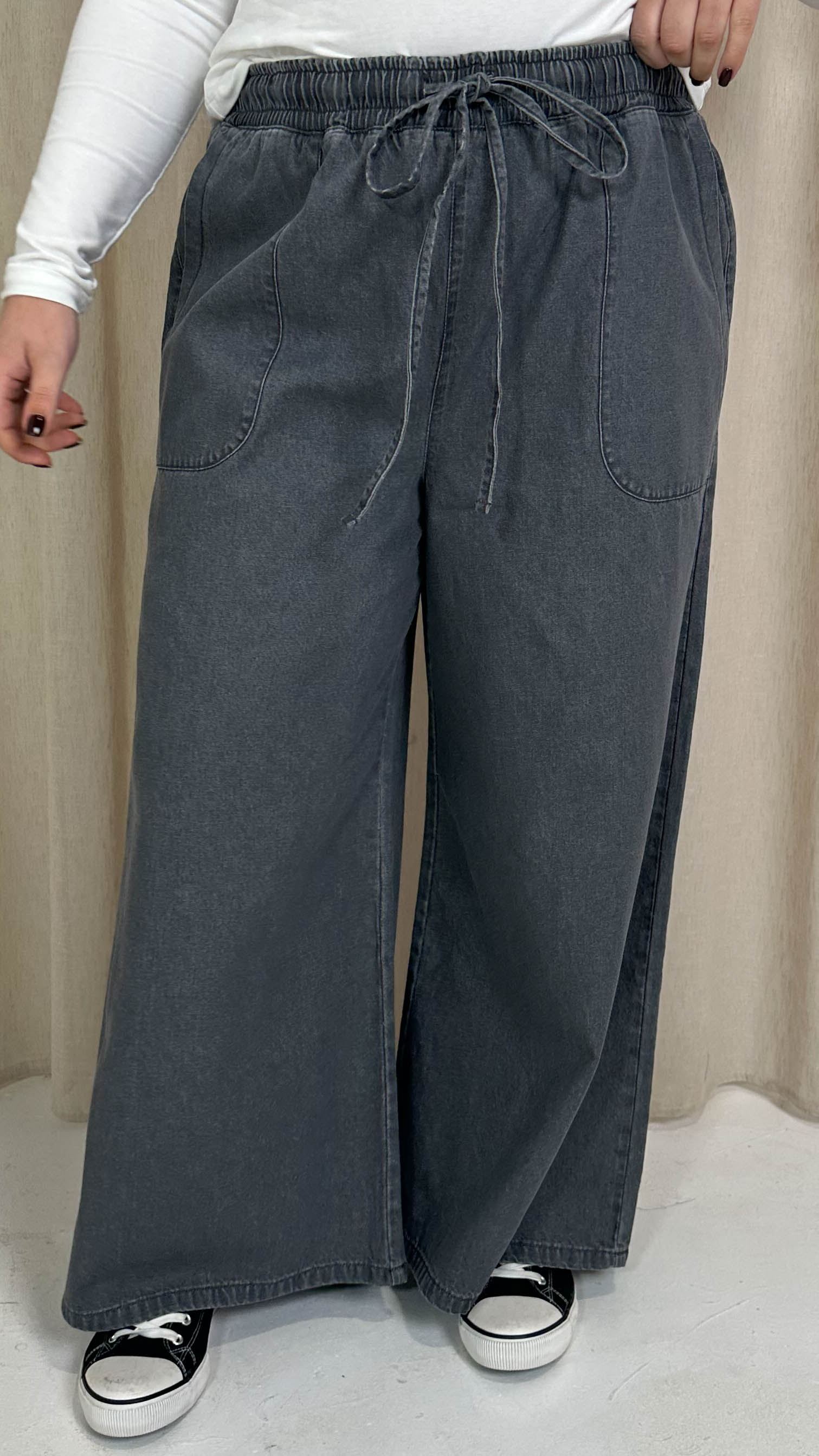 CurveWow Chambray Wide Leg Trousers Grey Wash