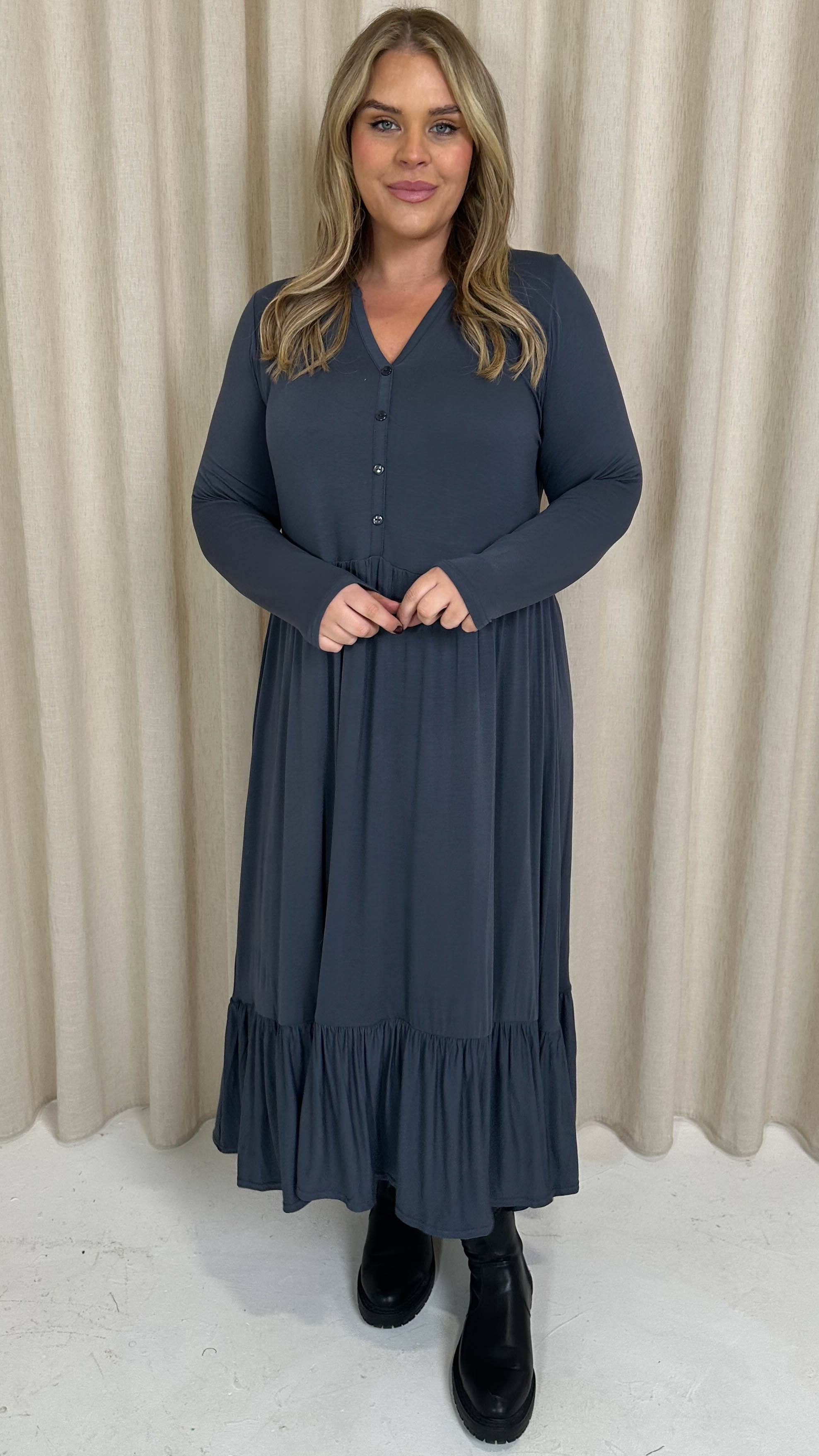 CurveWow Collared Button Smock Dress Slate Grey