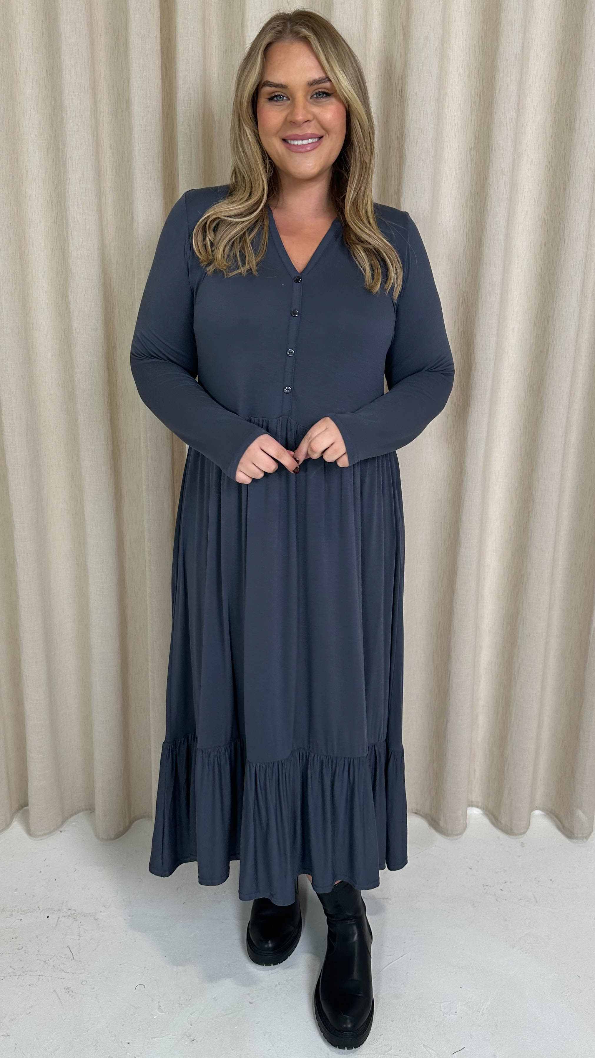 CurveWow Collared Button Smock Dress Slate Grey