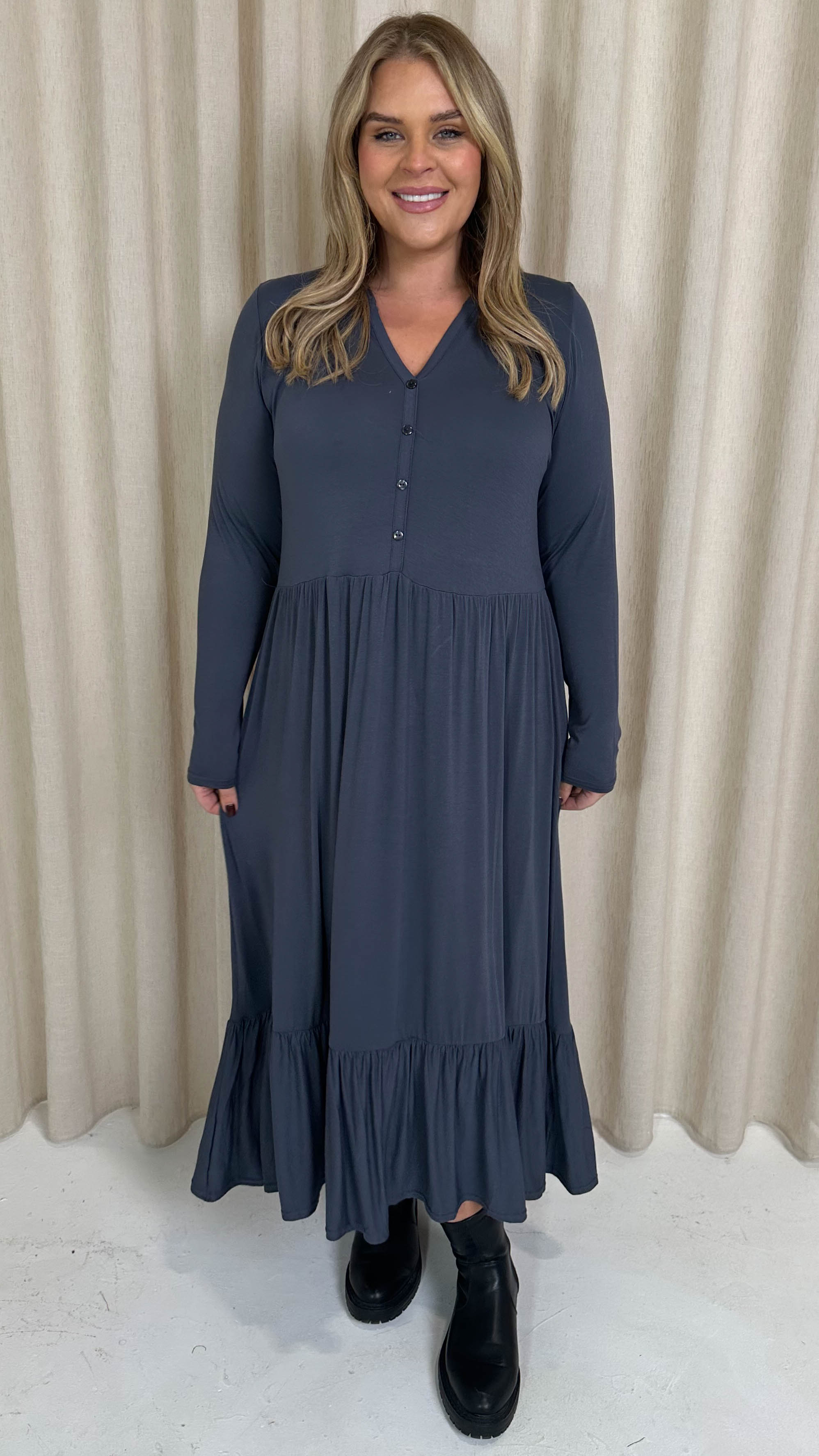 CurveWow Collared Button Smock Dress Slate Grey