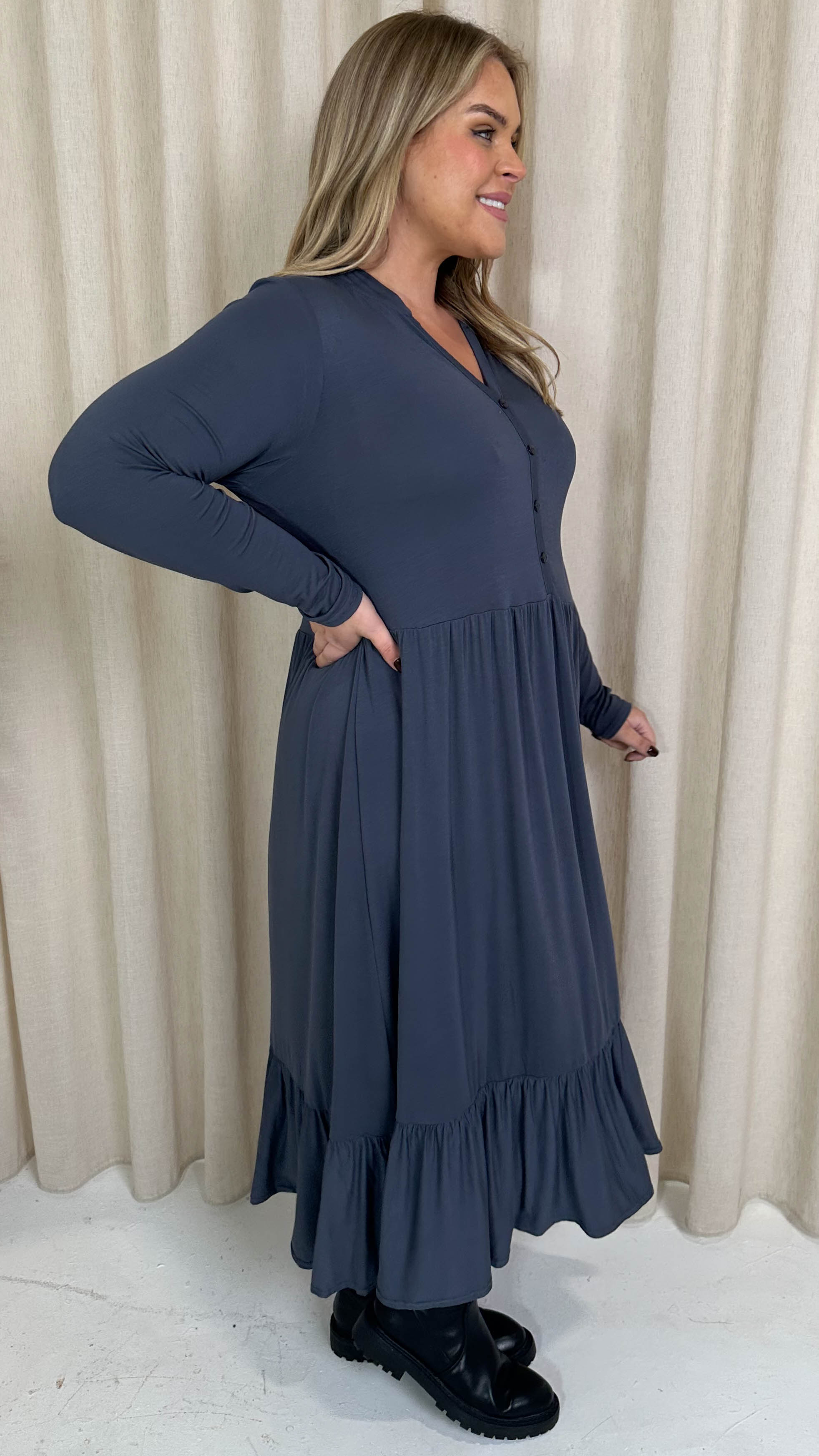 CurveWow Collared Button Smock Dress Slate Grey