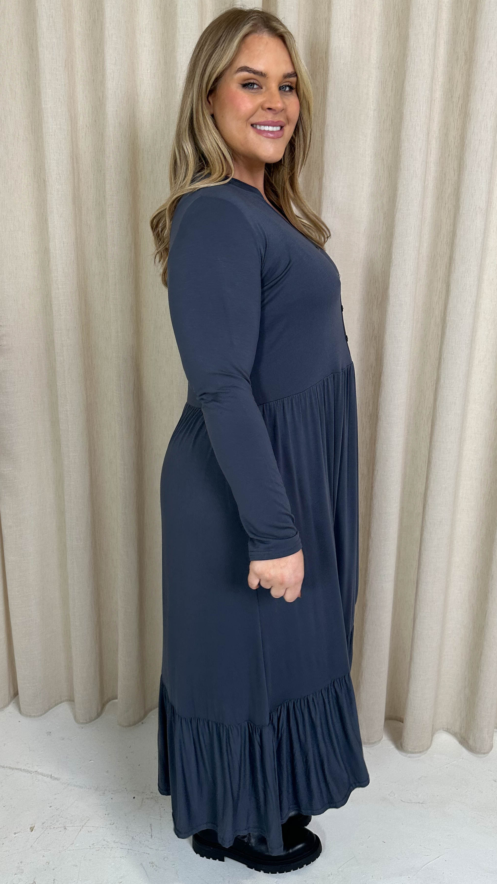 CurveWow Collared Button Smock Dress Slate Grey