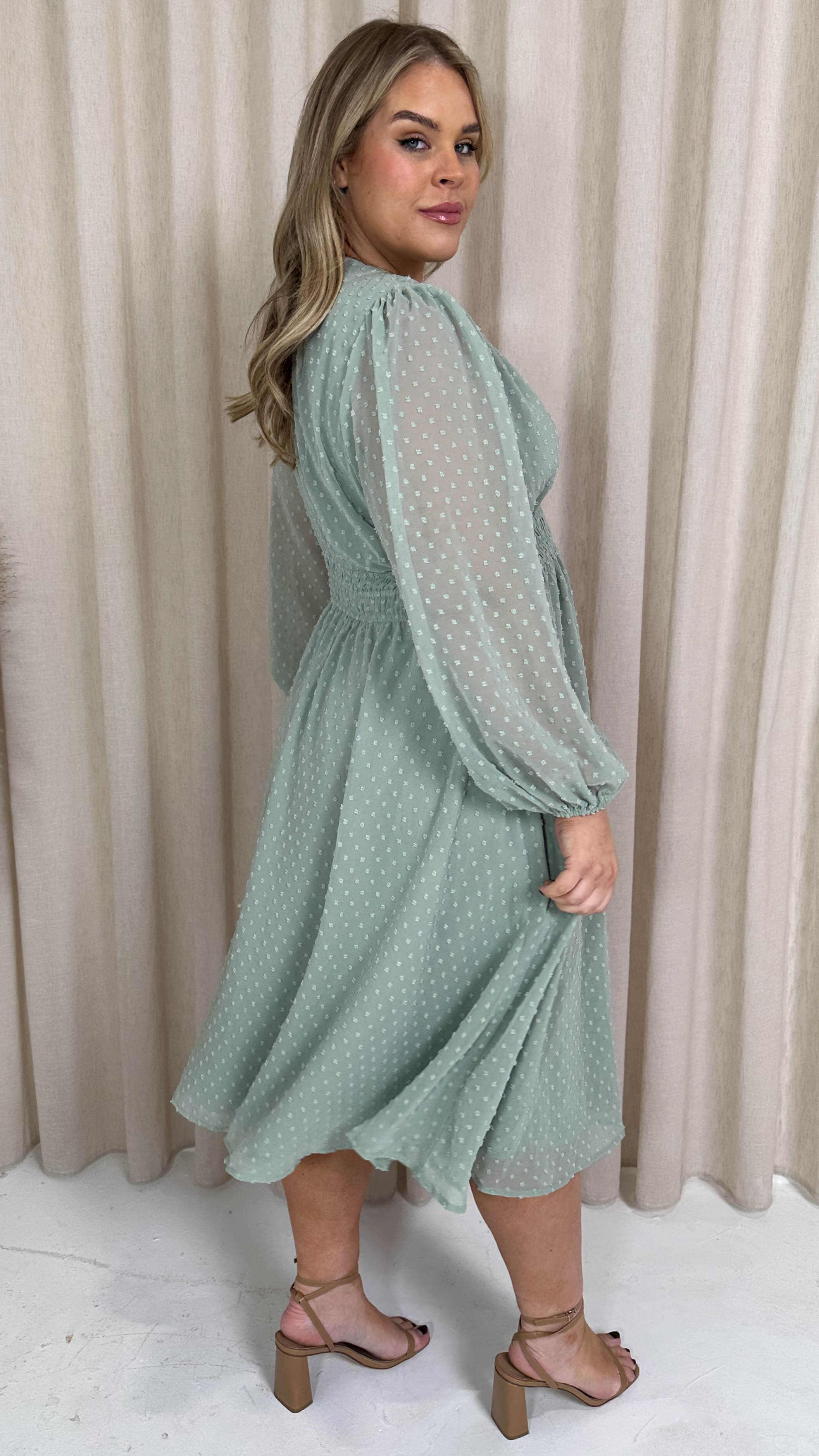 CurveWow Dobby Shirred Bodice Midi Dress Sage Green