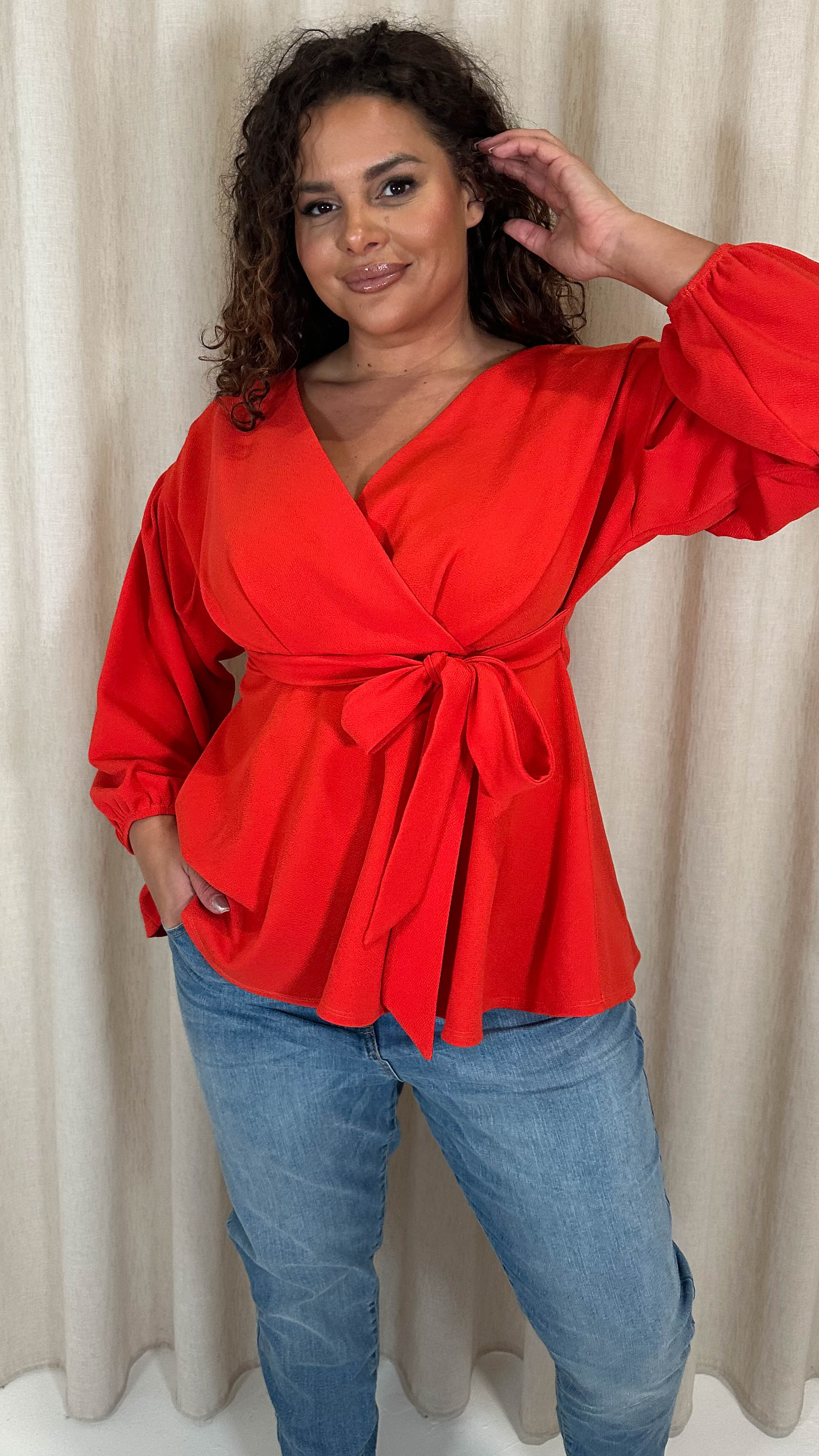 CurveWow Drop Shoulder Tie Waist Peplum Top Burnt Orange