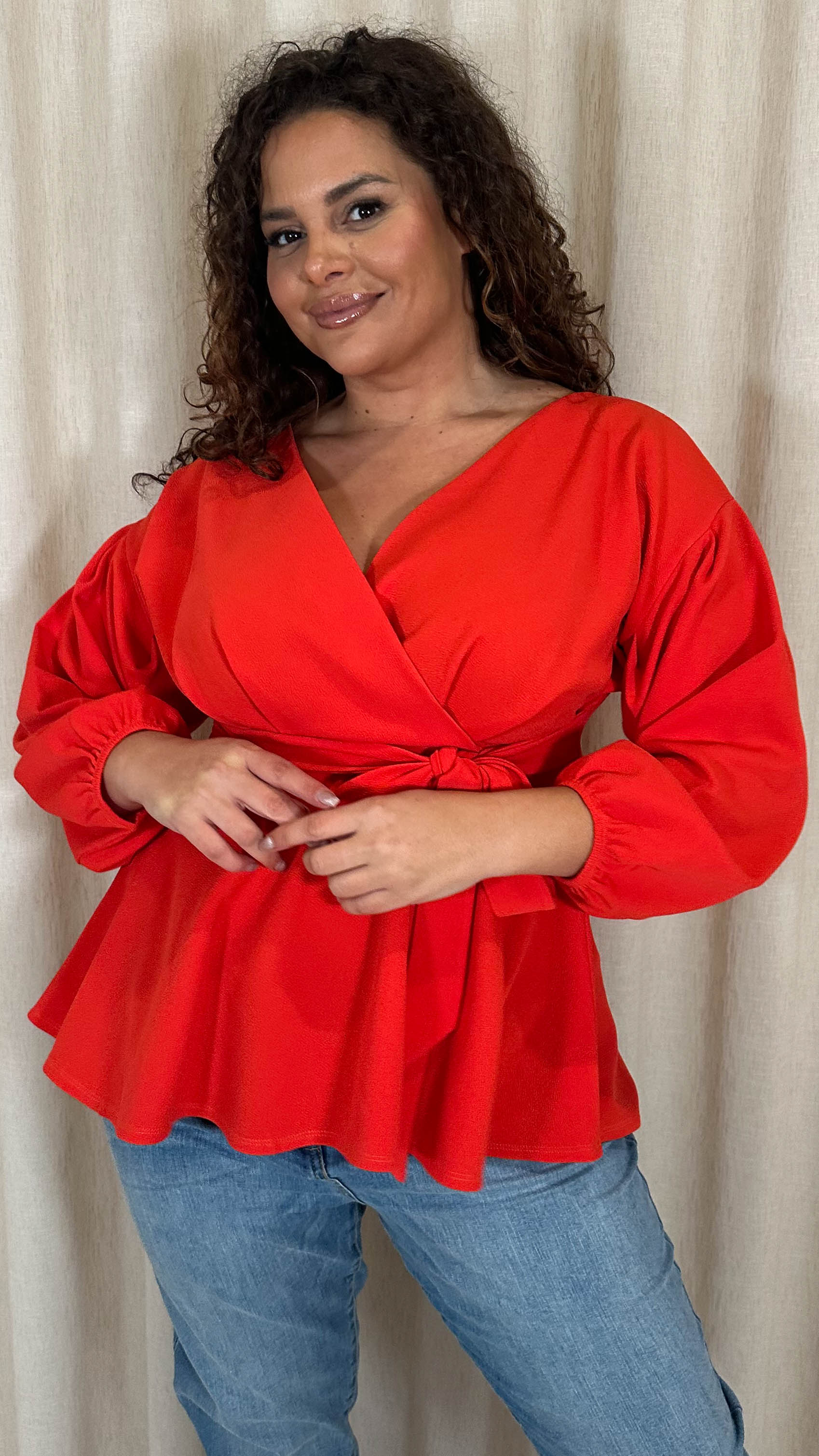 CurveWow Drop Shoulder Tie Waist Peplum Top Burnt Orange