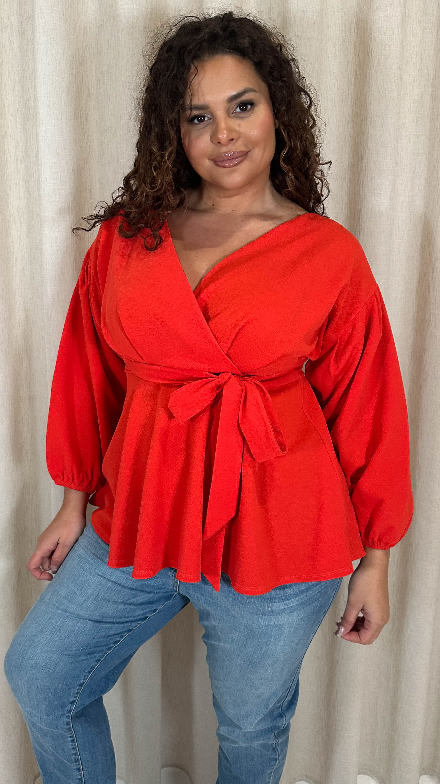 CurveWow Drop Shoulder Tie Waist Peplum Top Burnt Orange