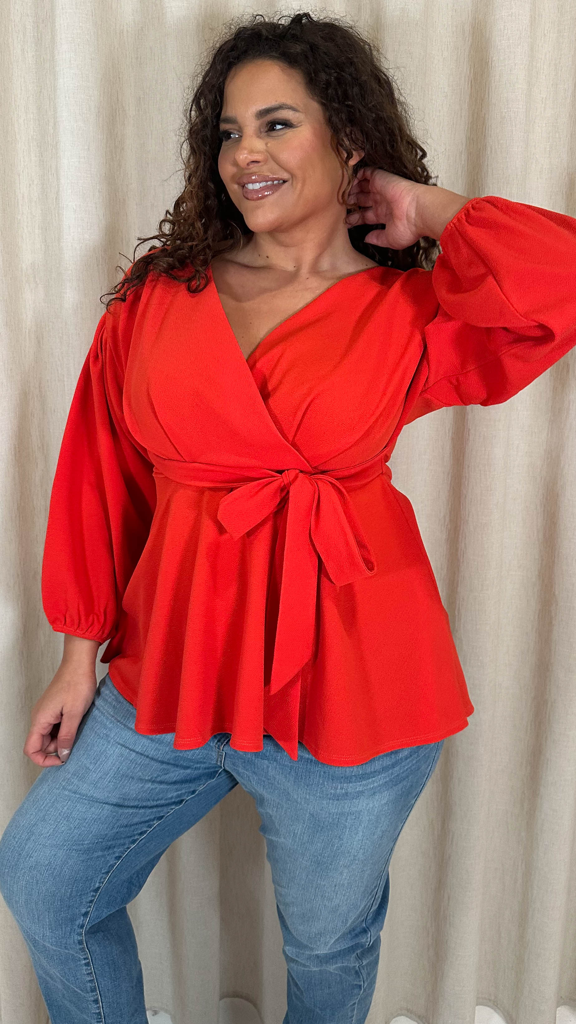 CurveWow Drop Shoulder Tie Waist Peplum Top Burnt Orange