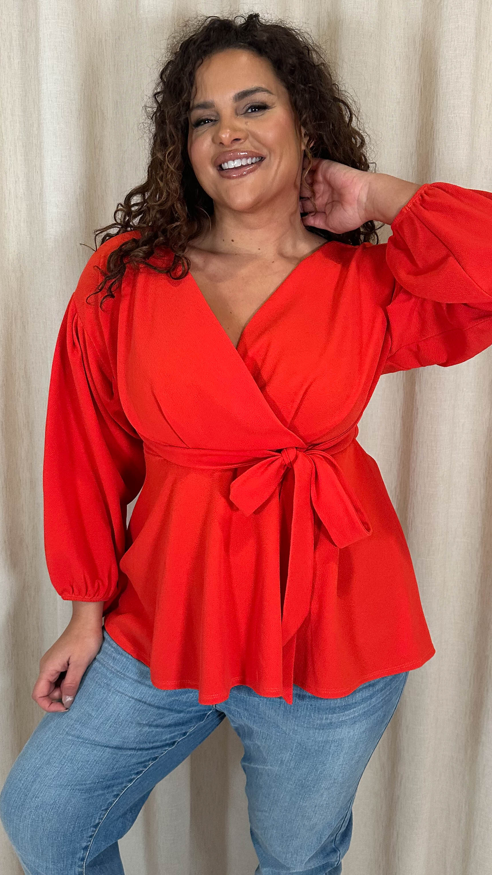 CurveWow Drop Shoulder Tie Waist Peplum Top Burnt Orange