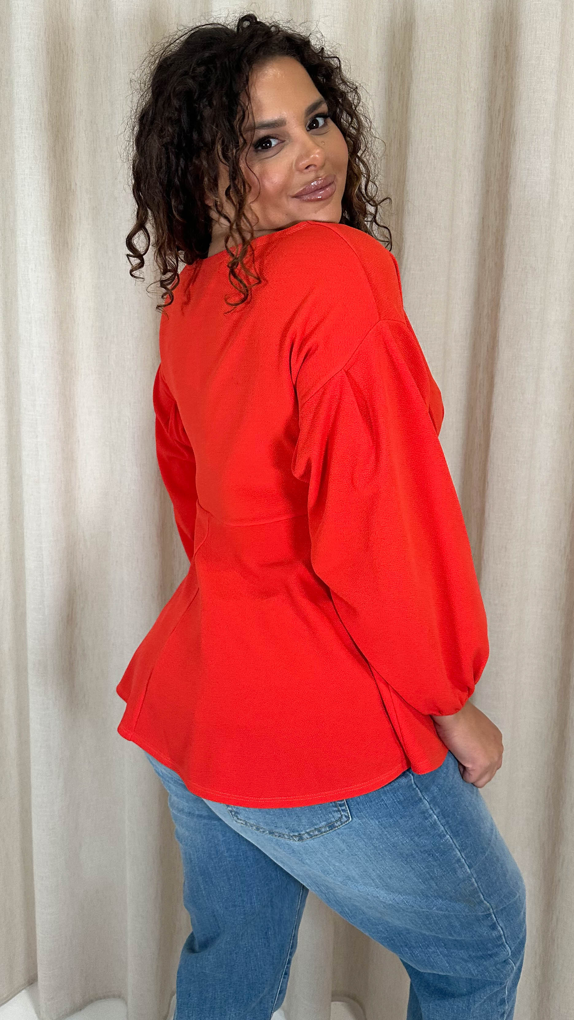 CurveWow Drop Shoulder Tie Waist Peplum Top Burnt Orange
