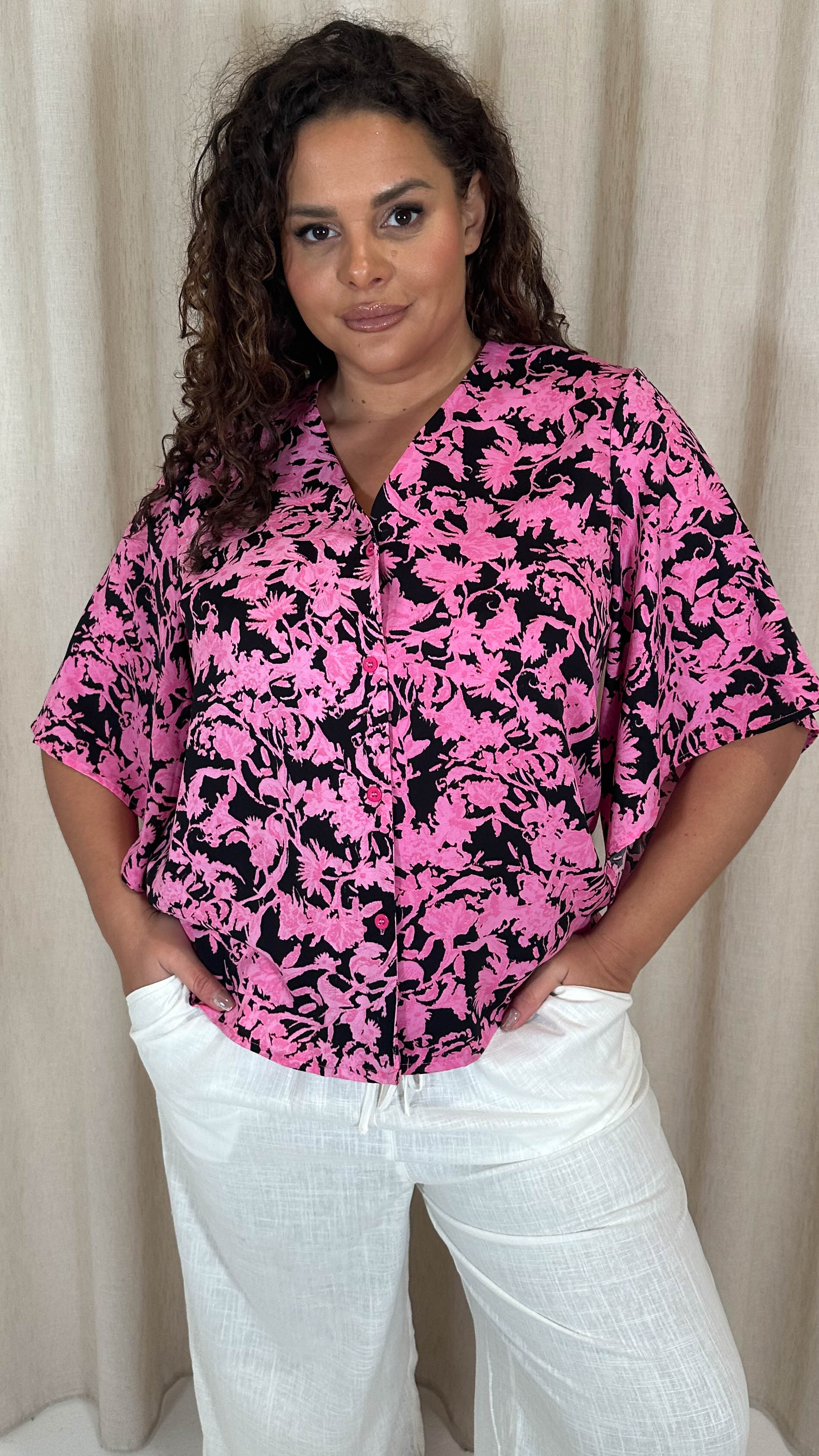 CurveWow Button Front Top Black/Pink Floral