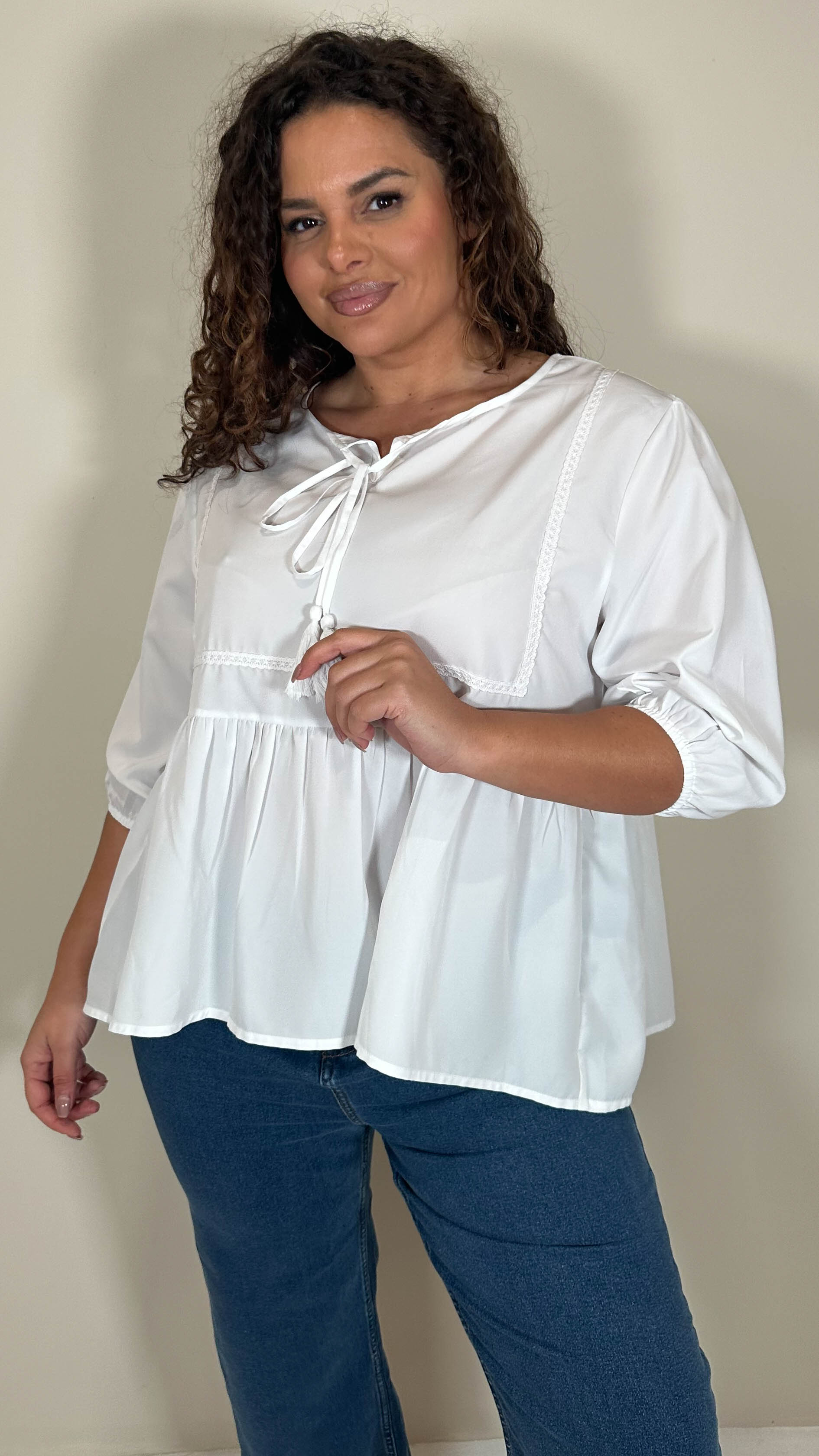 CurveWow Print Lace Insert Blouse White