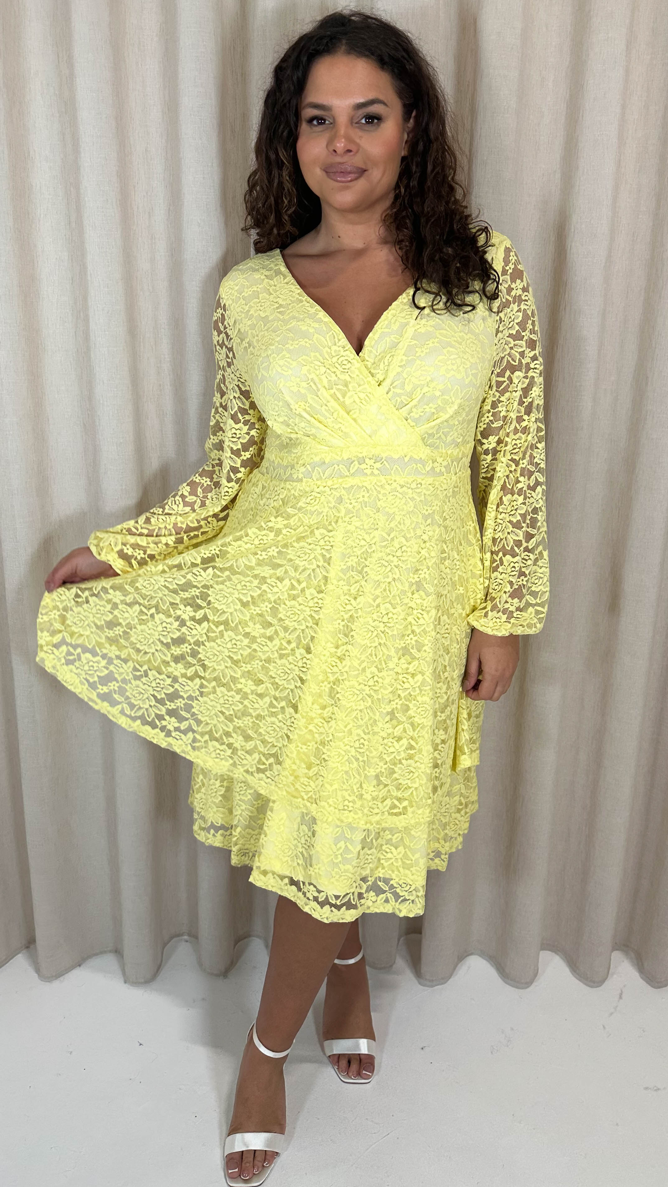 CurveWow Lace Plunge Ruffle Skater Dress Lemon