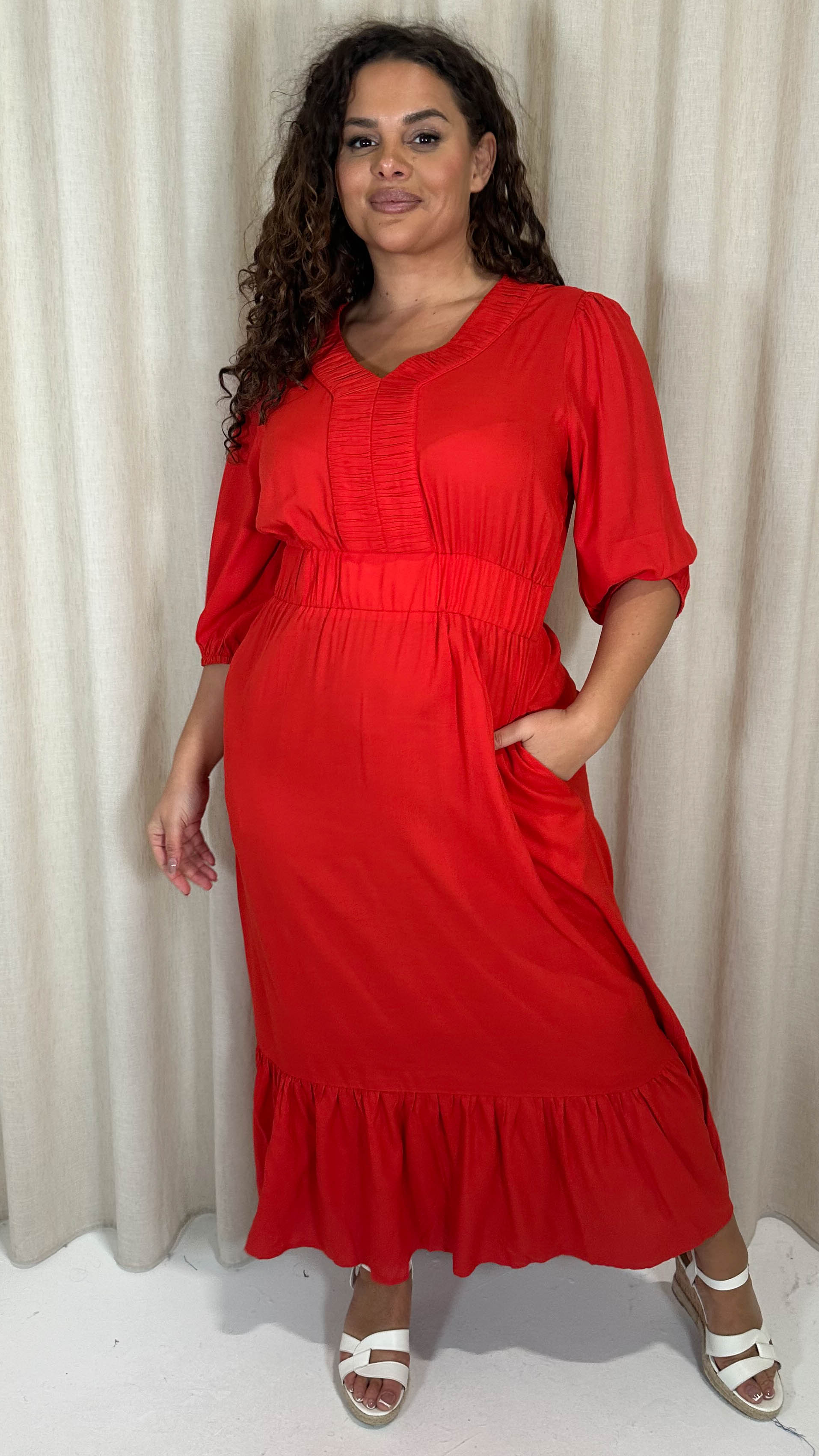 CurveWow Ruched Vneck Tiered Hem Maxi Dress Red