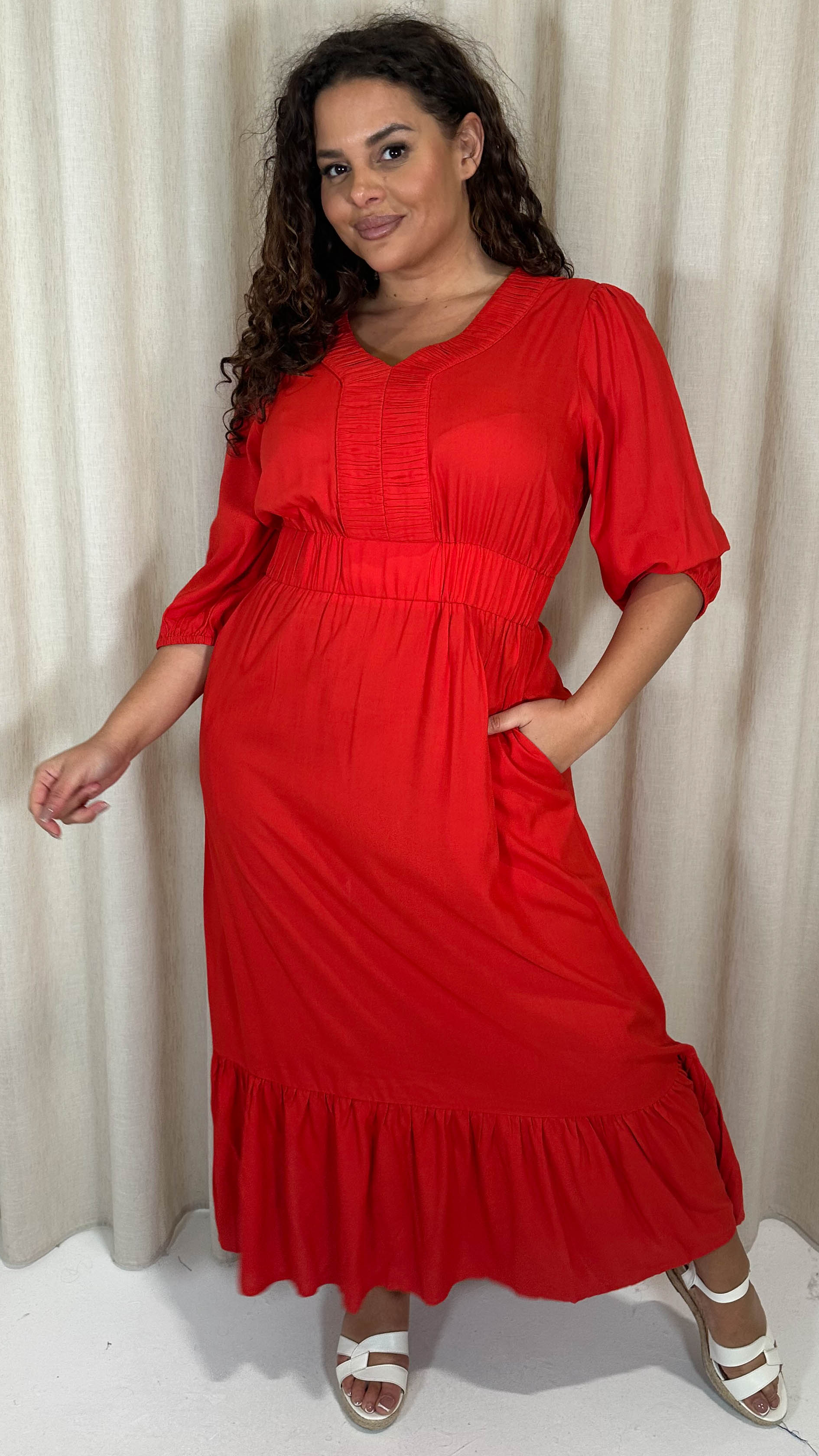 CurveWow Ruched Vneck Tiered Hem Maxi Dress Red