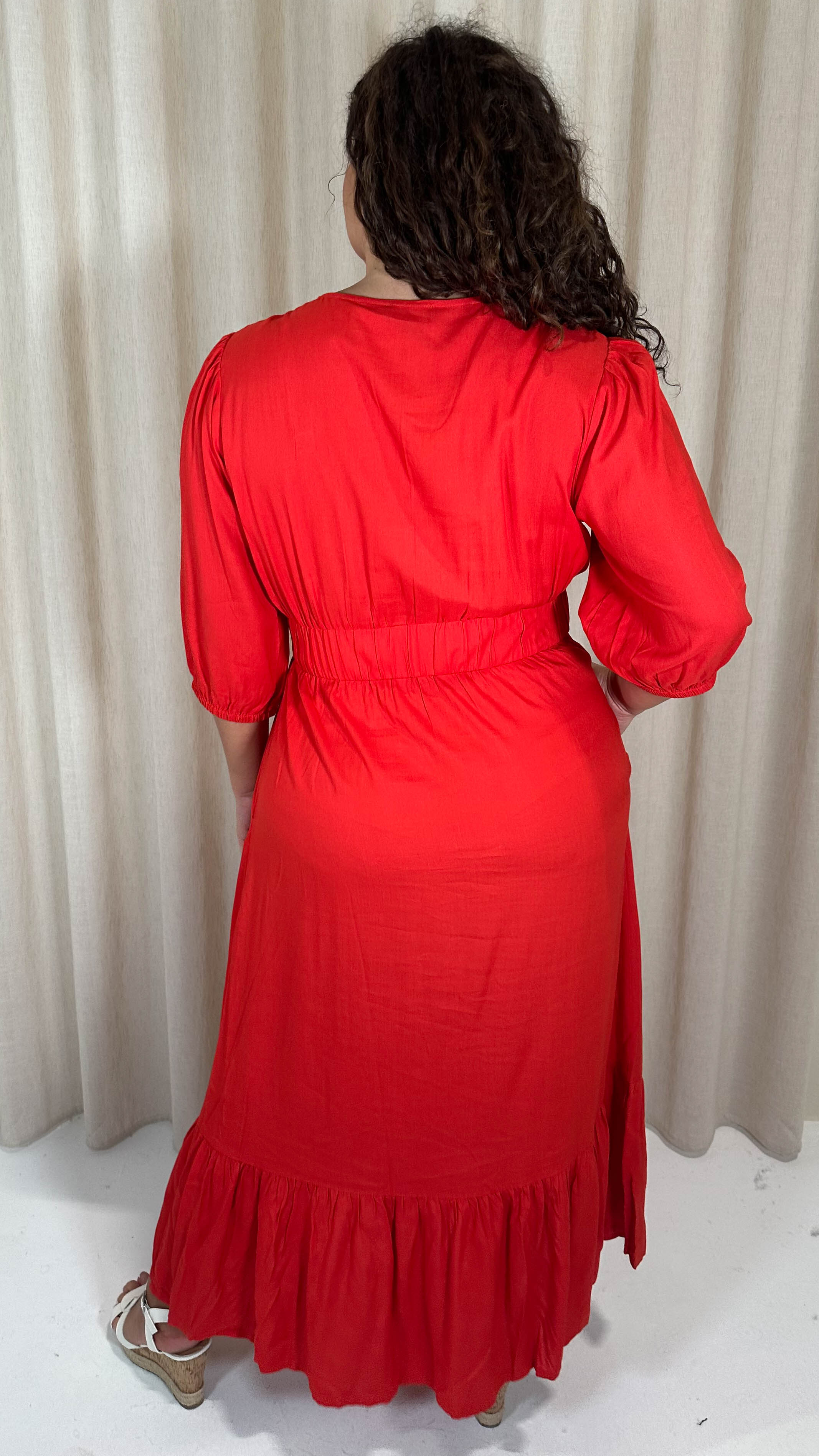 CurveWow Ruched Vneck Tiered Hem Maxi Dress Red