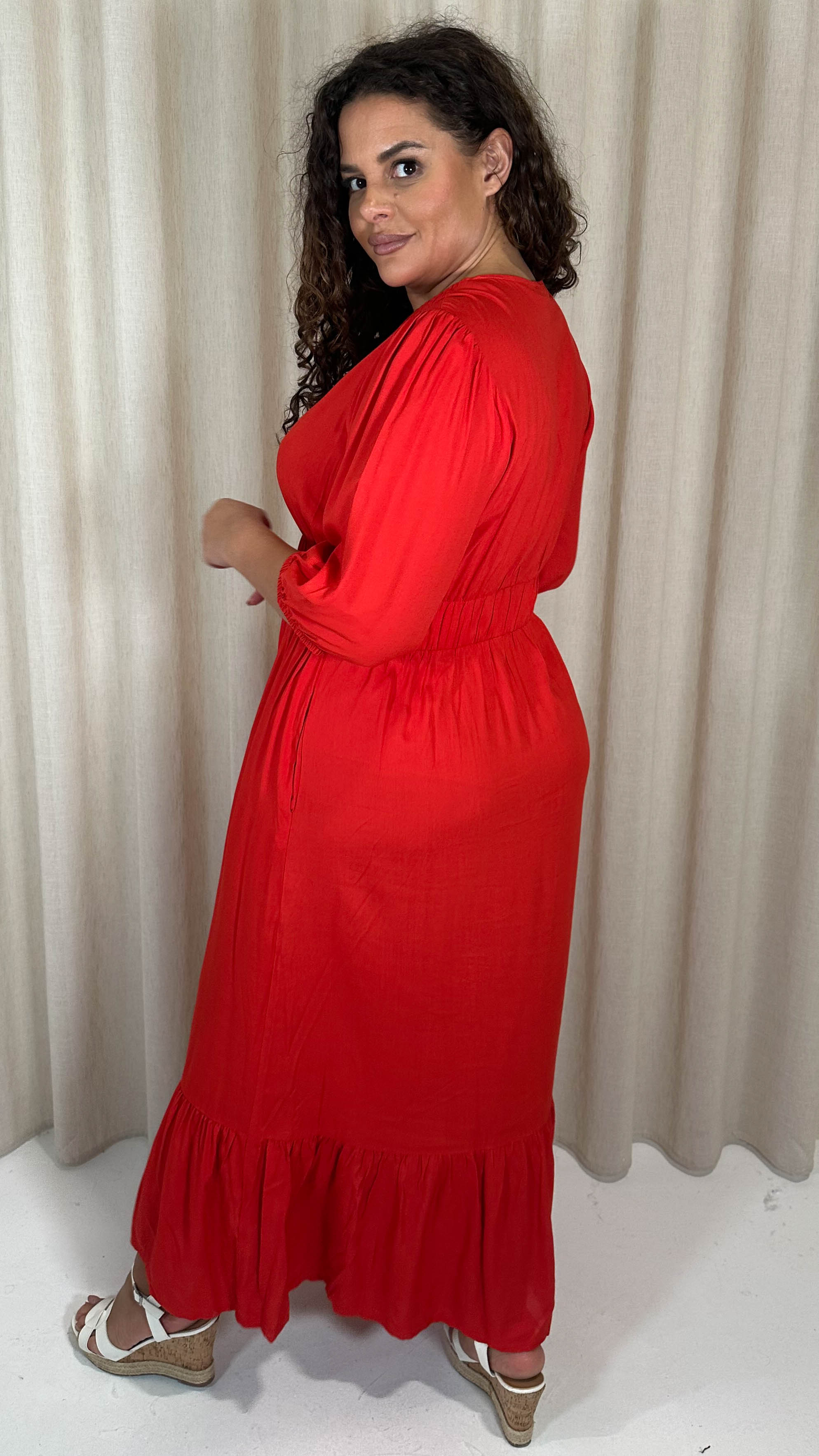 CurveWow Ruched Vneck Tiered Hem Maxi Dress Red