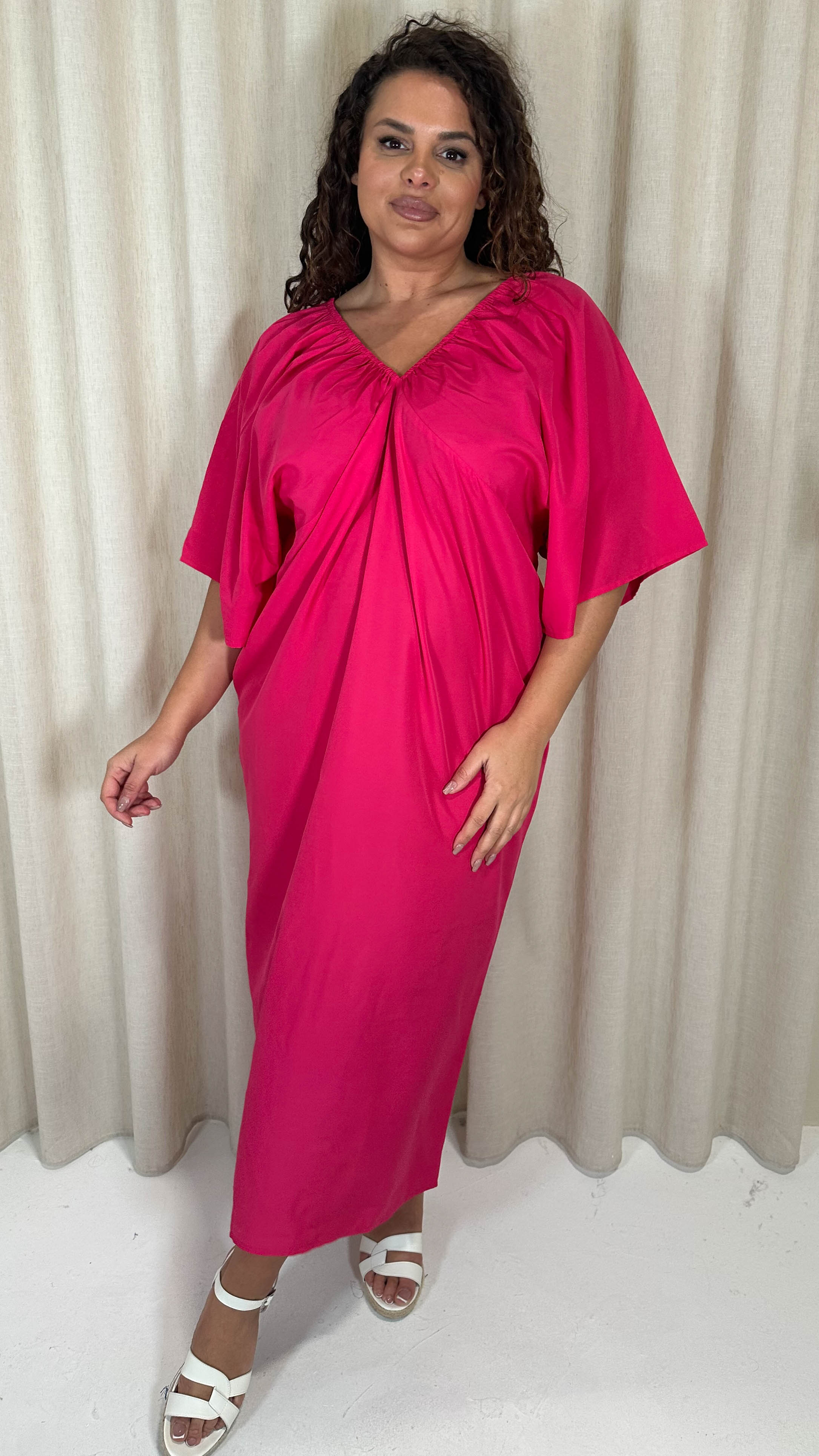 CurveWow Balloon Sleeve Kimono Midi Dress Pink