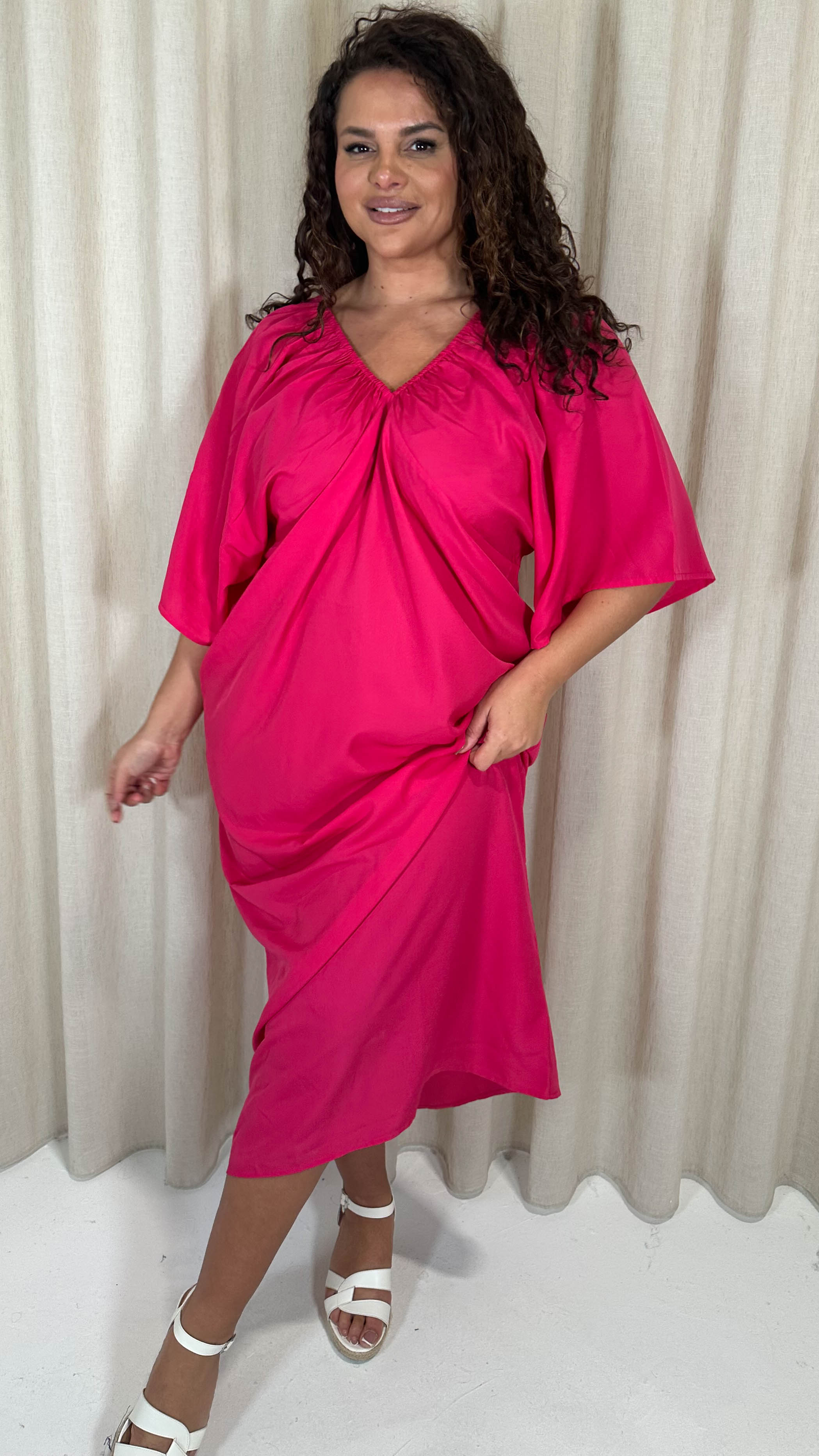 CurveWow Balloon Sleeve Kimono Midi Dress Pink