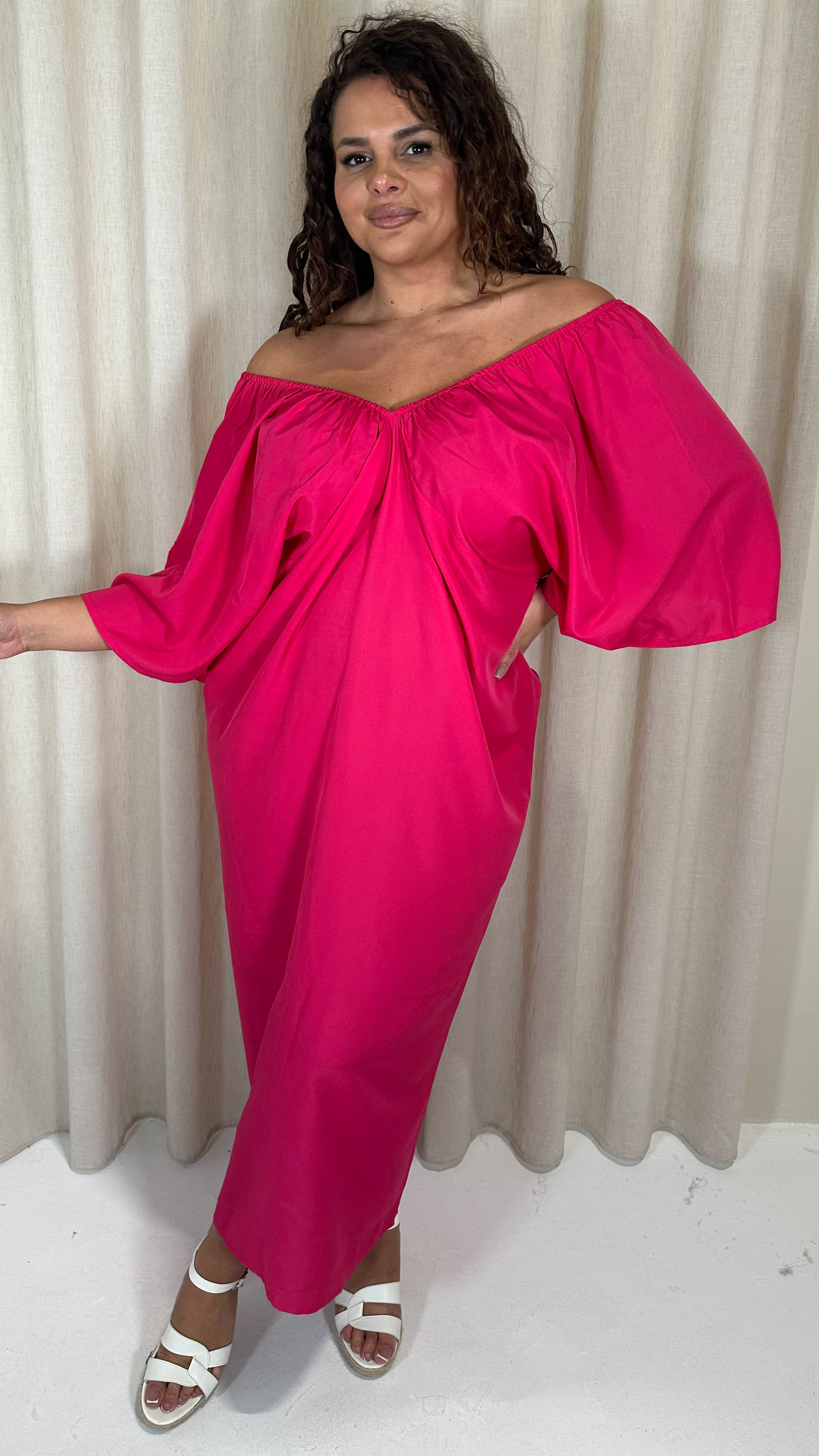 CurveWow Balloon Sleeve Kimono Midi Dress Pink