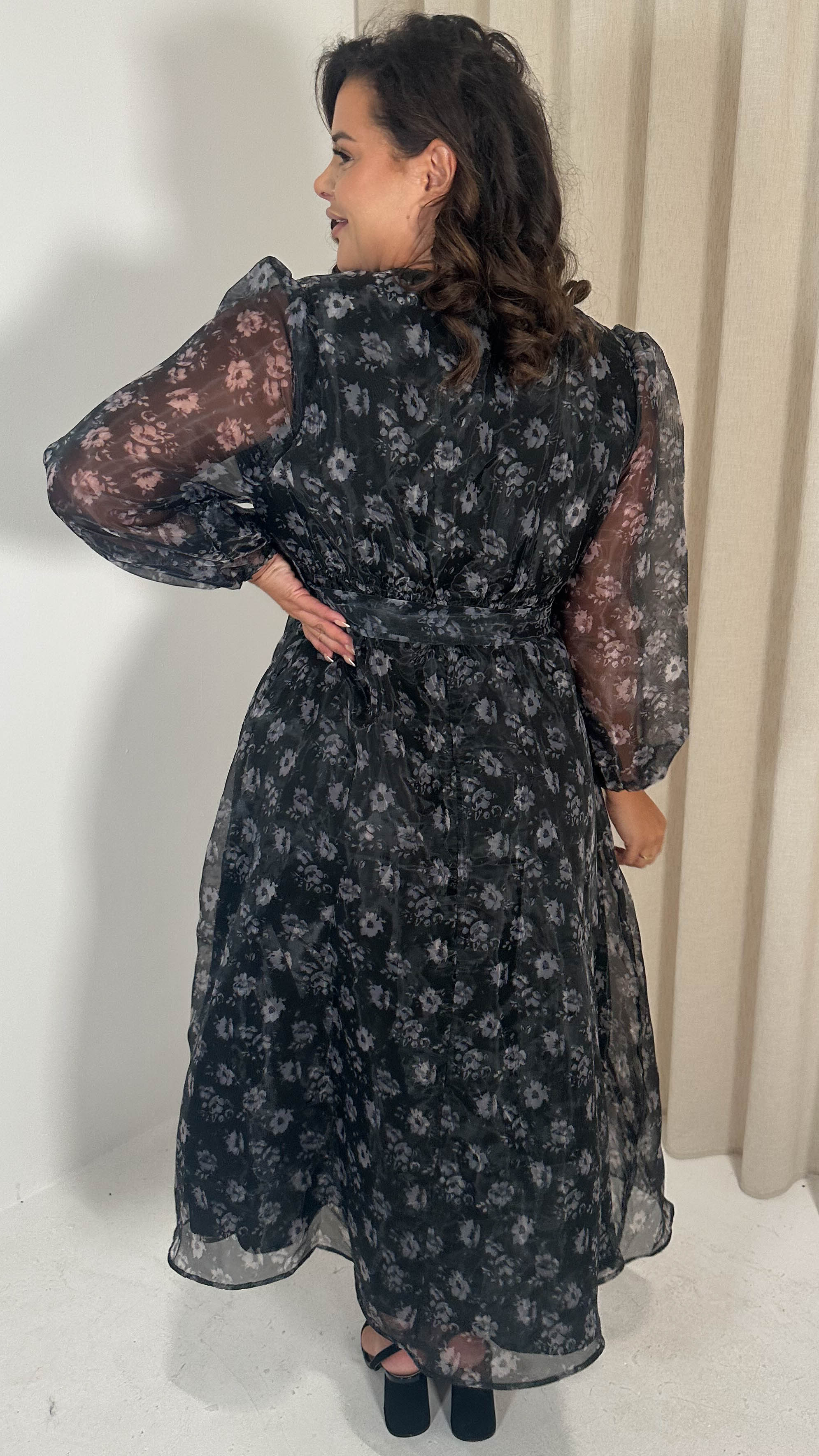 CurveWow Full Organza Printed Wrap Dress Black Floral