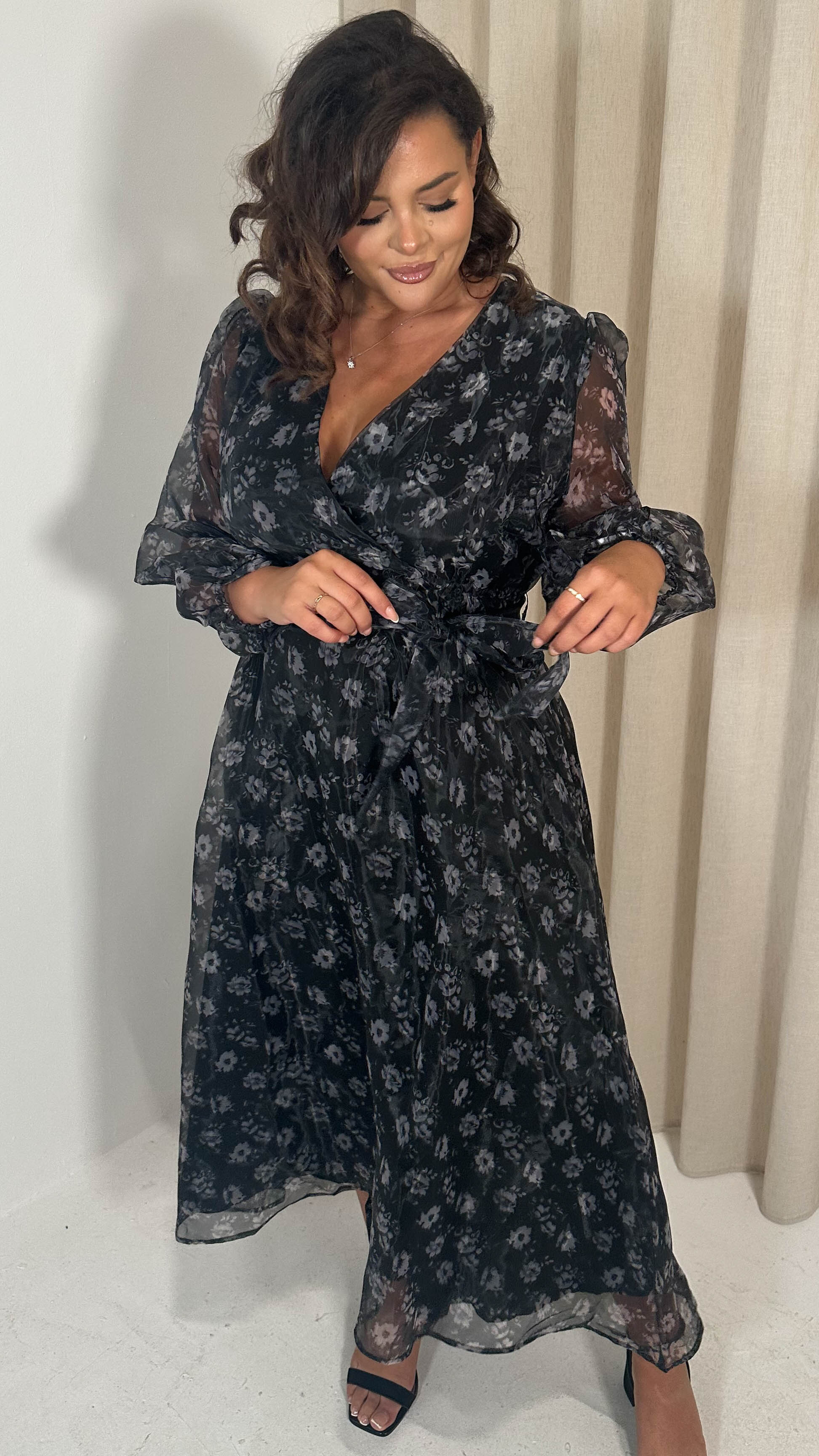 CurveWow Full Organza Printed Wrap Dress Black Floral
