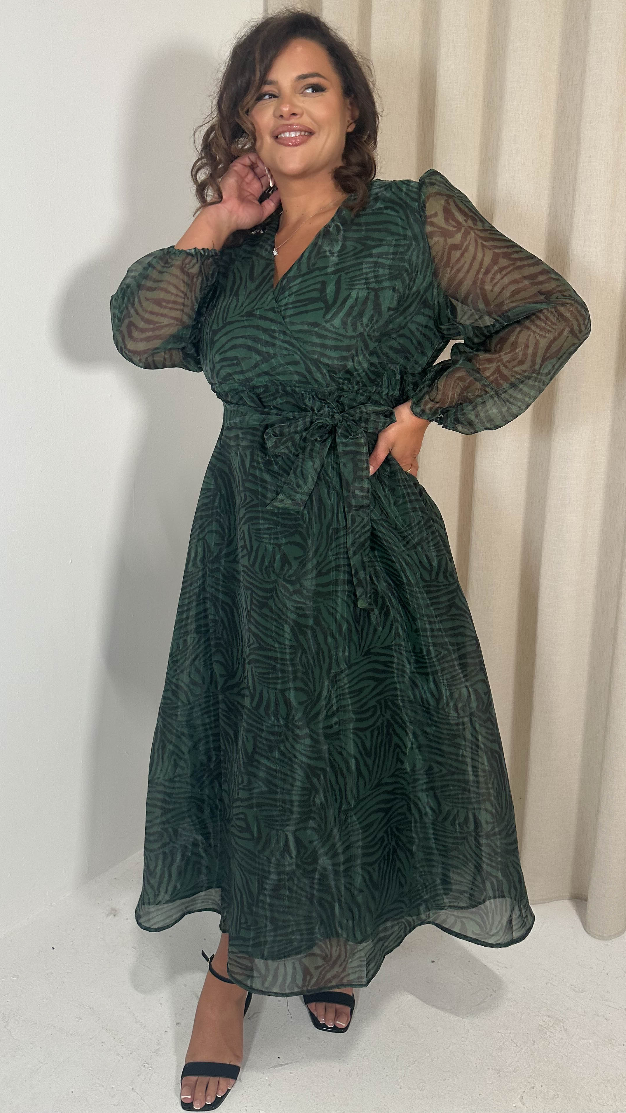 CurveWow Full Organza Printed Wrap Dress Green Zebra