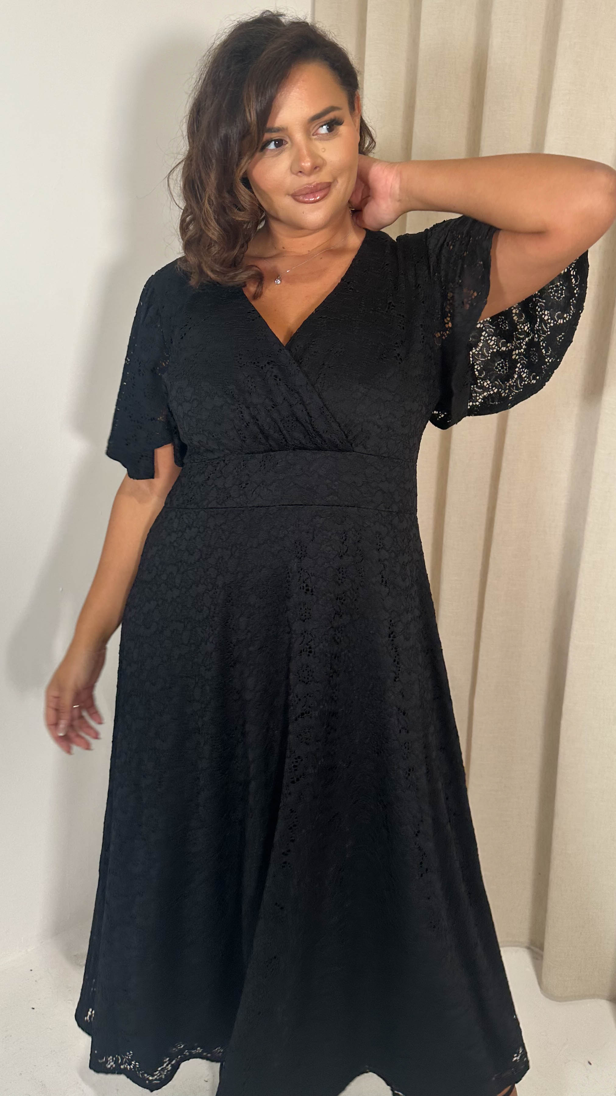 CurveWow Lace Angel Sleeve Dress Black