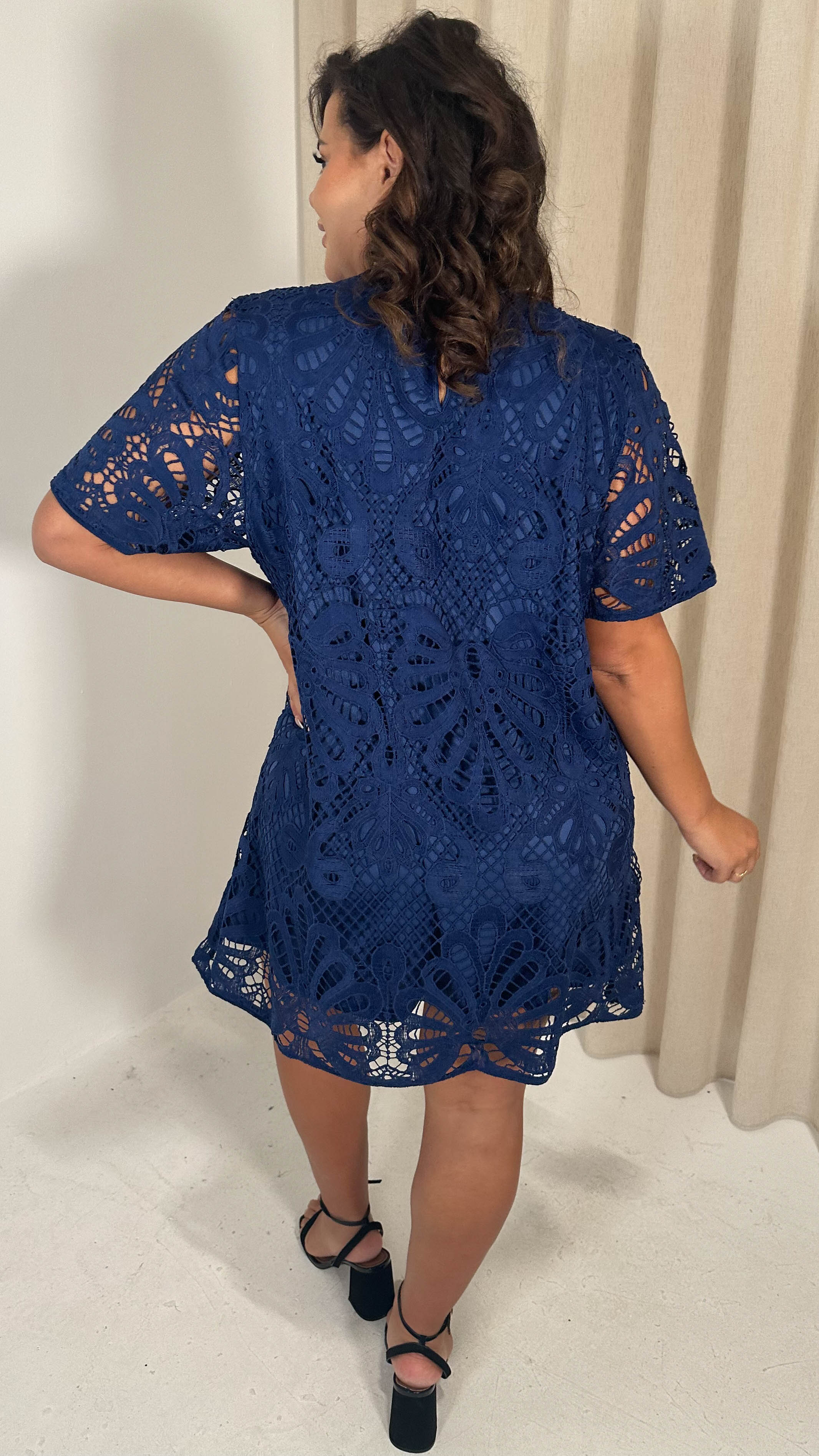 CurveWow Guipure Lace Shift Dress Navy