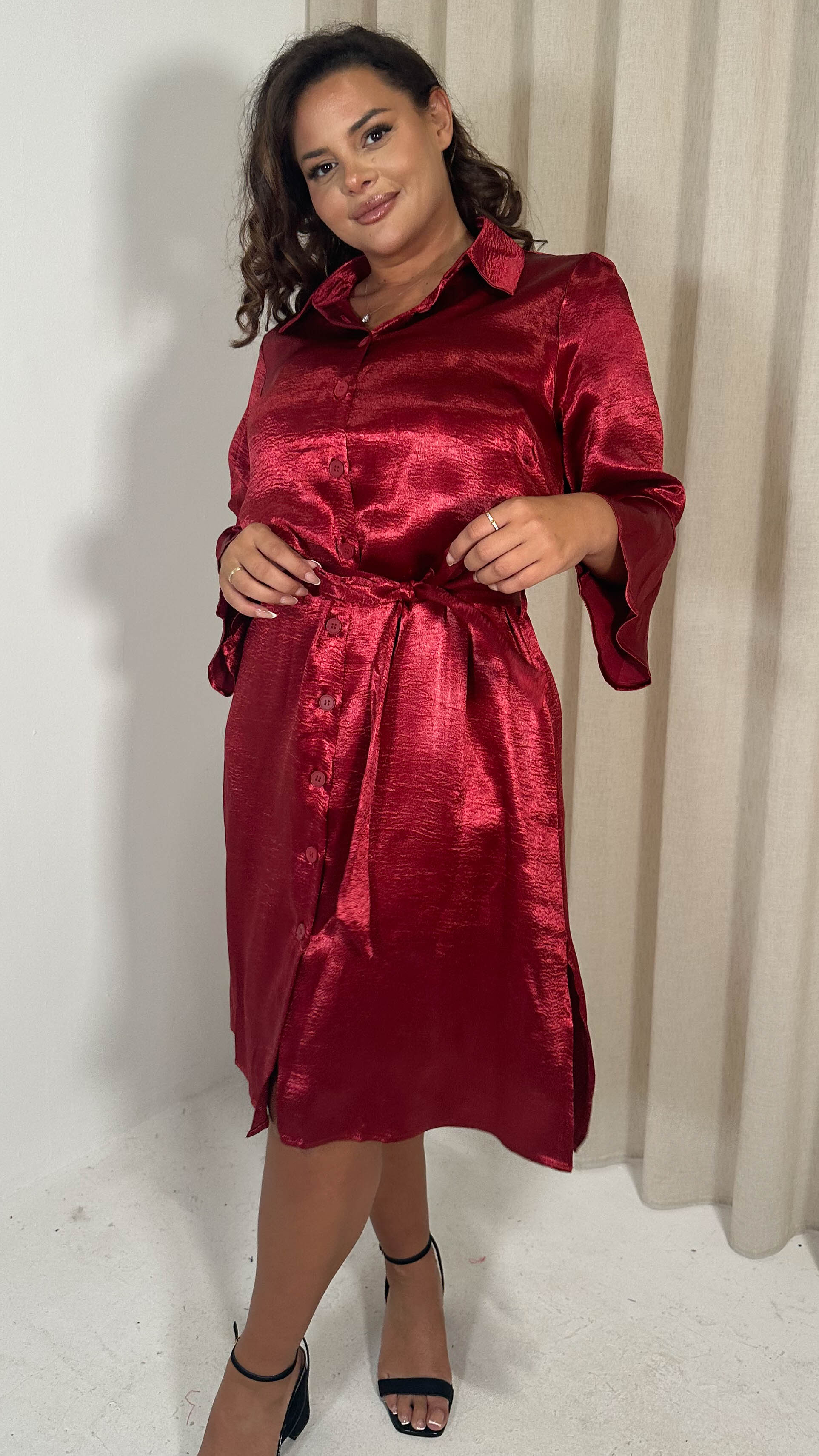 CurveWow Hammered Satin Longline Shirt Dress Wine