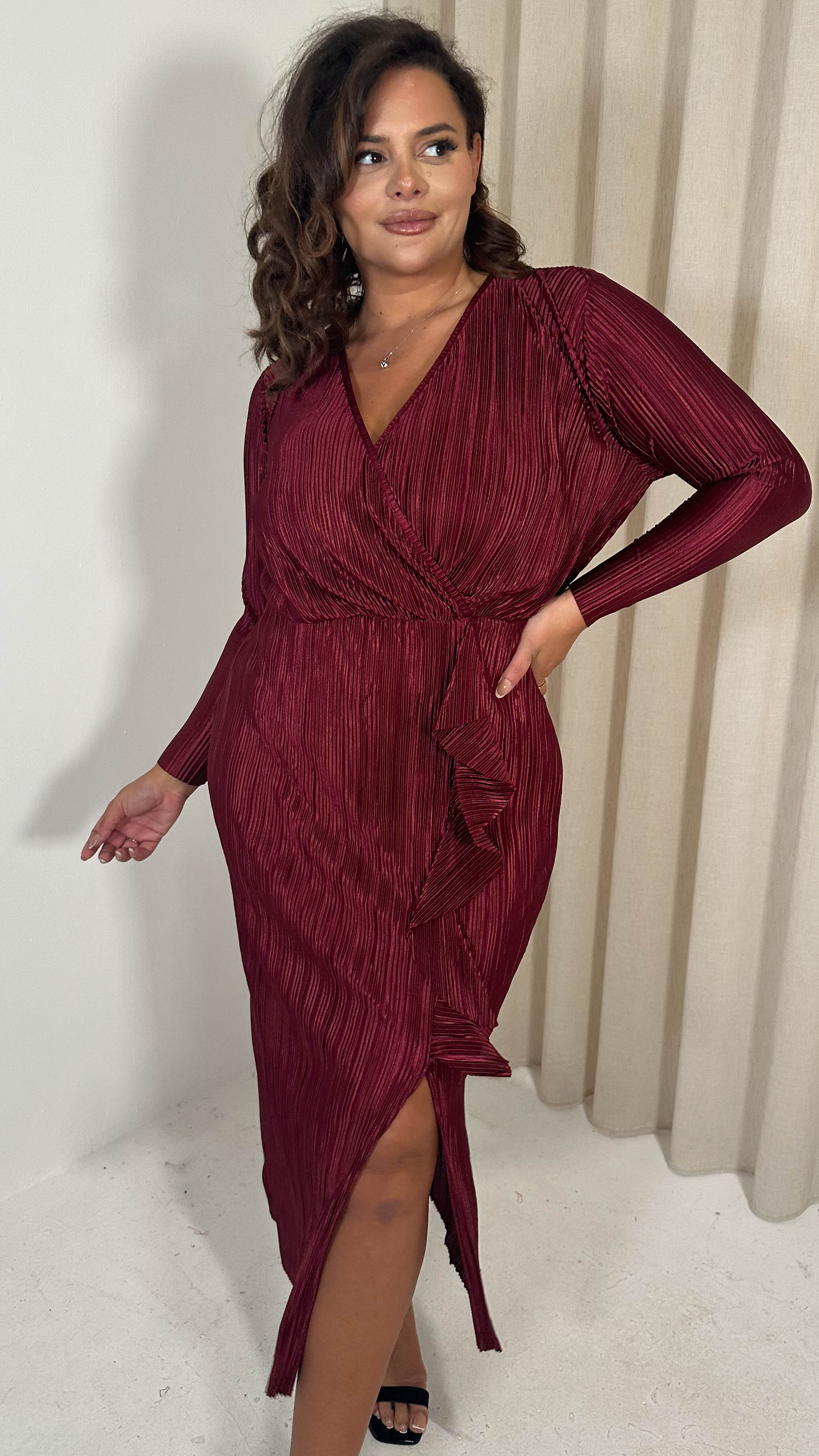 CurveWow Plisse Wrap Ruffle Maxi Dress Wine