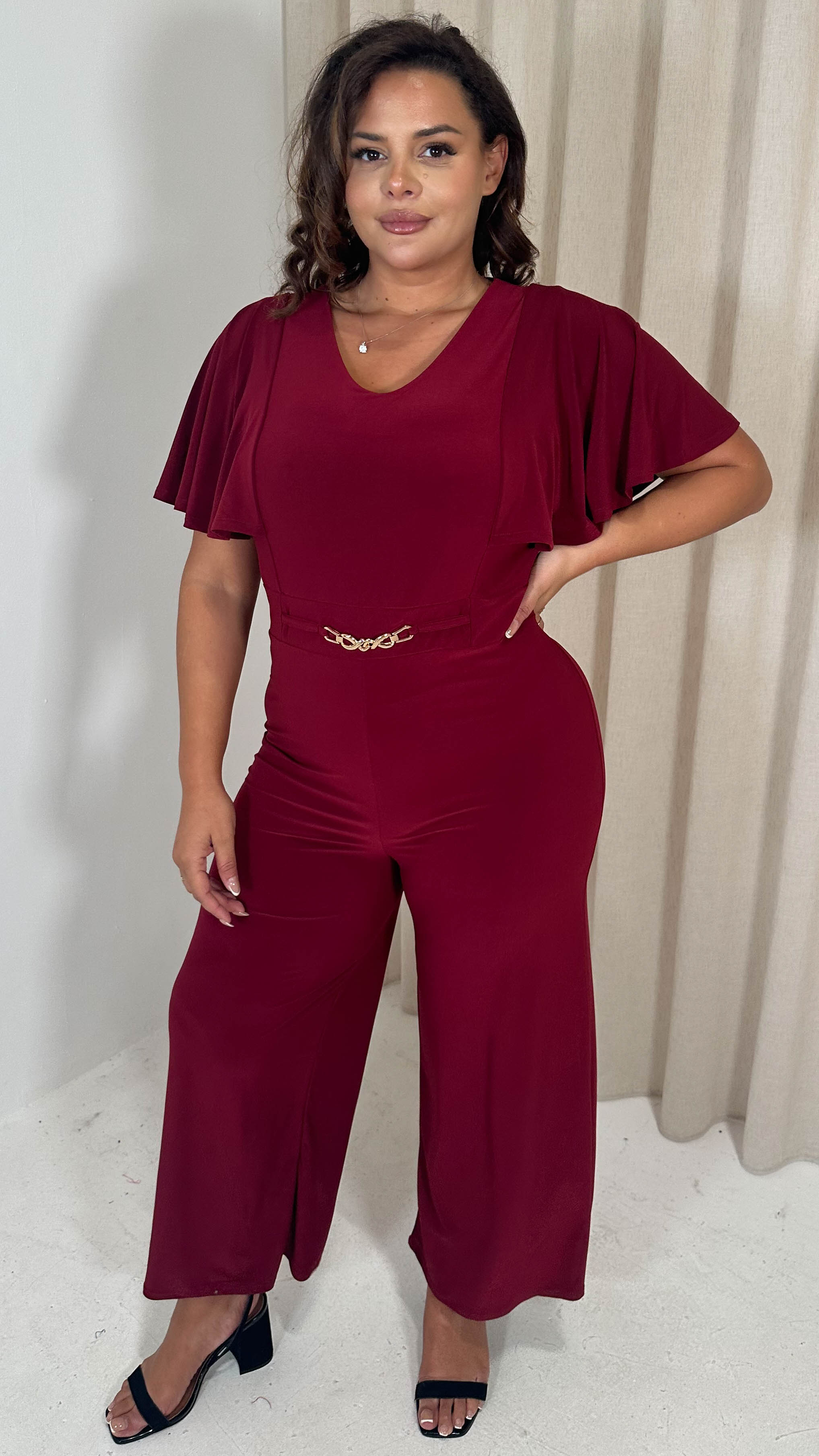 CurveWow Buckle Belt Wideleg Jumpsuit Wine