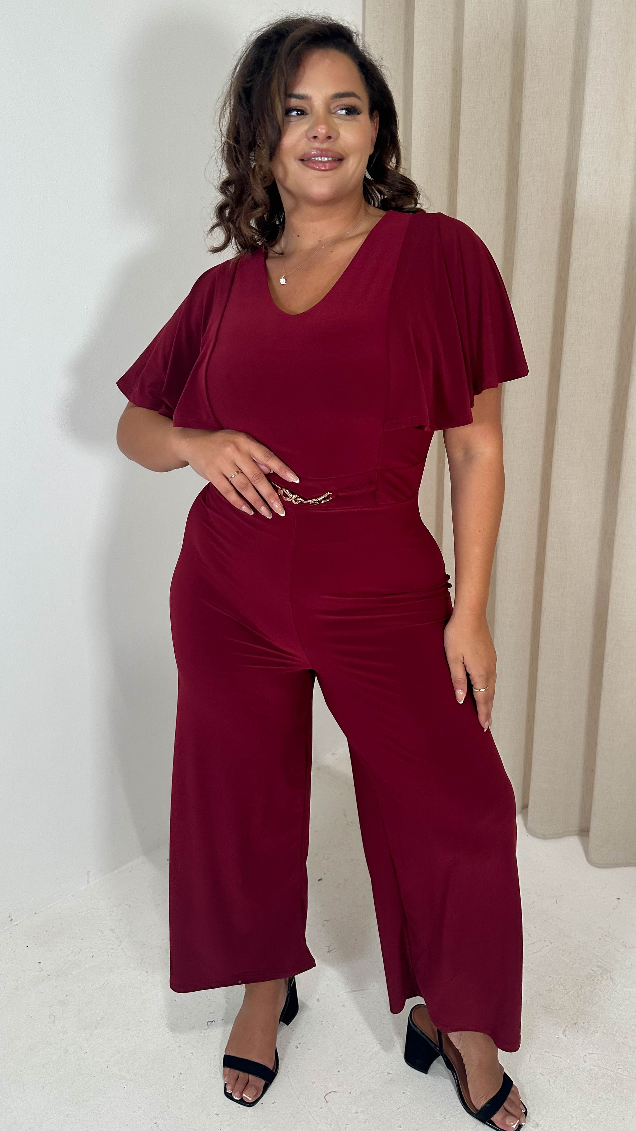 CurveWow Buckle Belt Wideleg Jumpsuit Wine