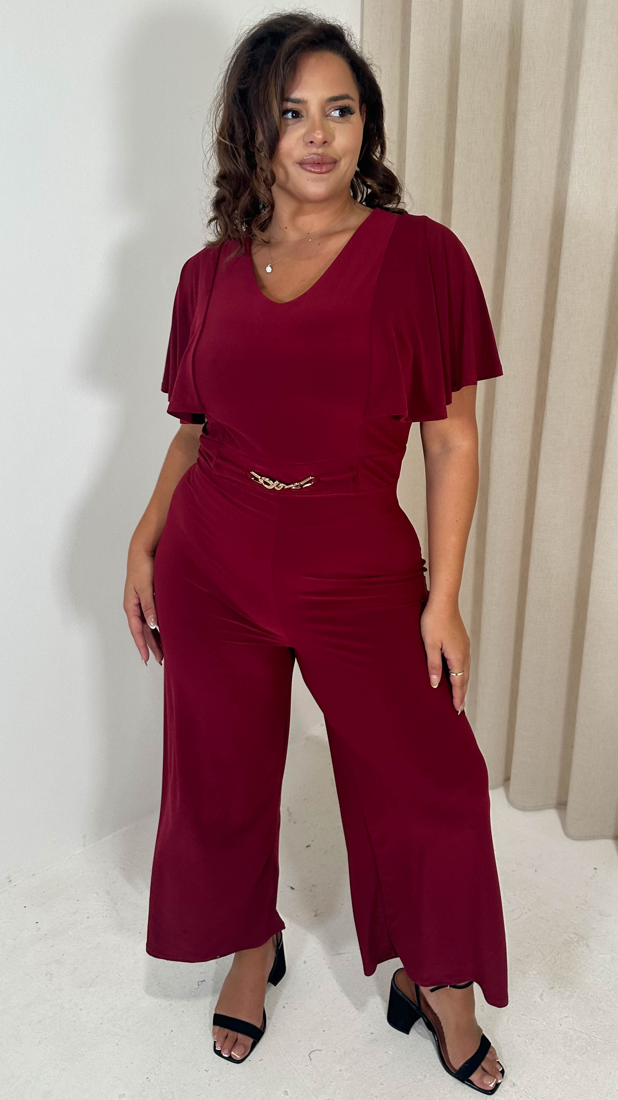 CurveWow Buckle Belt Wideleg Jumpsuit Wine