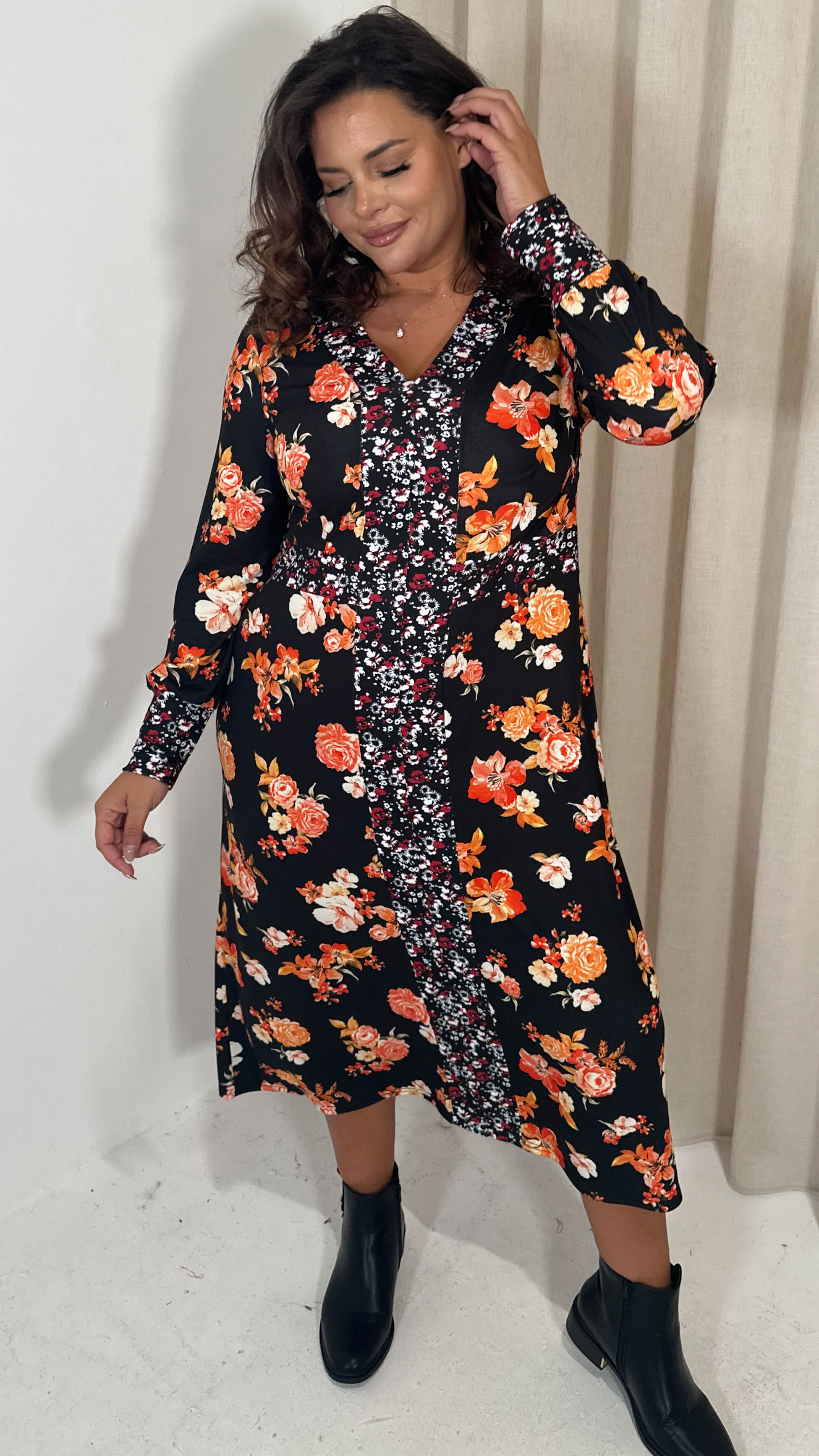 CurveWow V-Neck Spliced Floral Midi Dress Red & Orange Floral