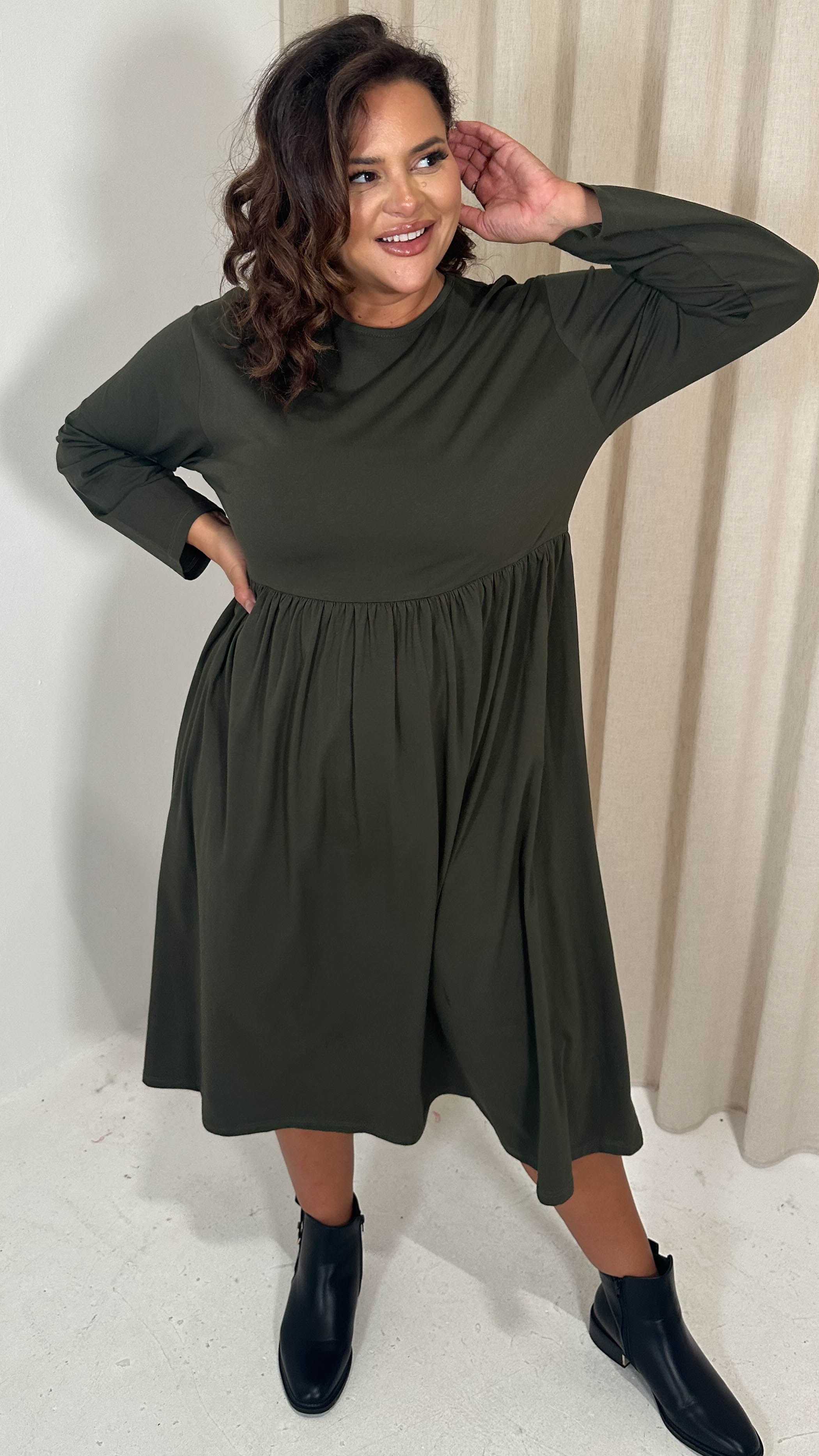 CurveWow Long Sleeve Elasticated Waist Midi Dress Khaki