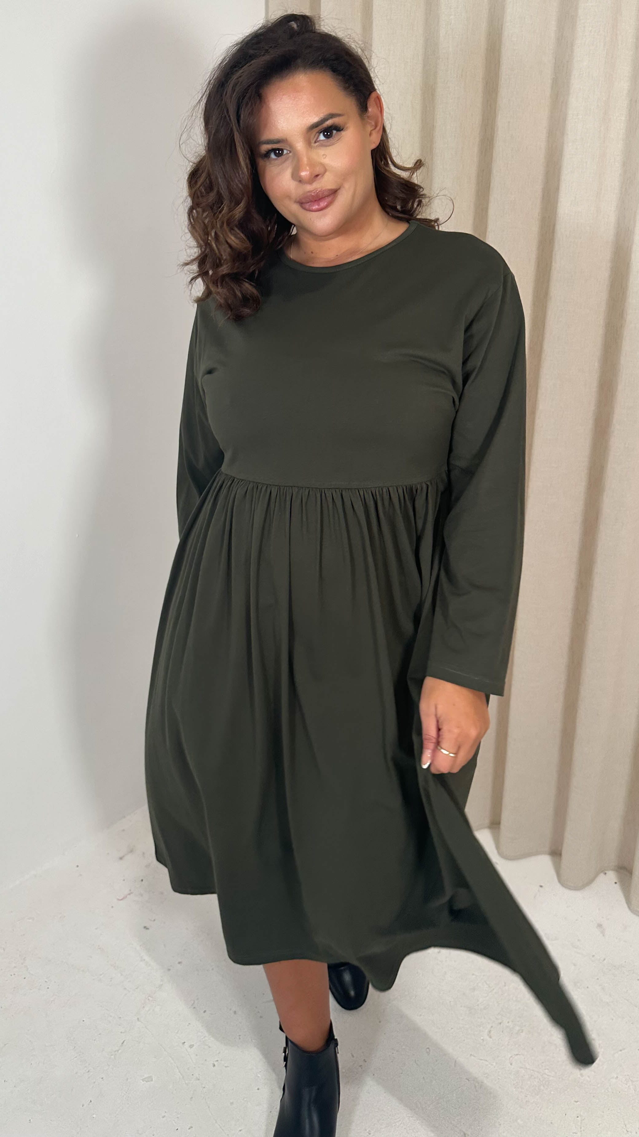 CurveWow Long Sleeve Elasticated Waist Midi Dress Khaki