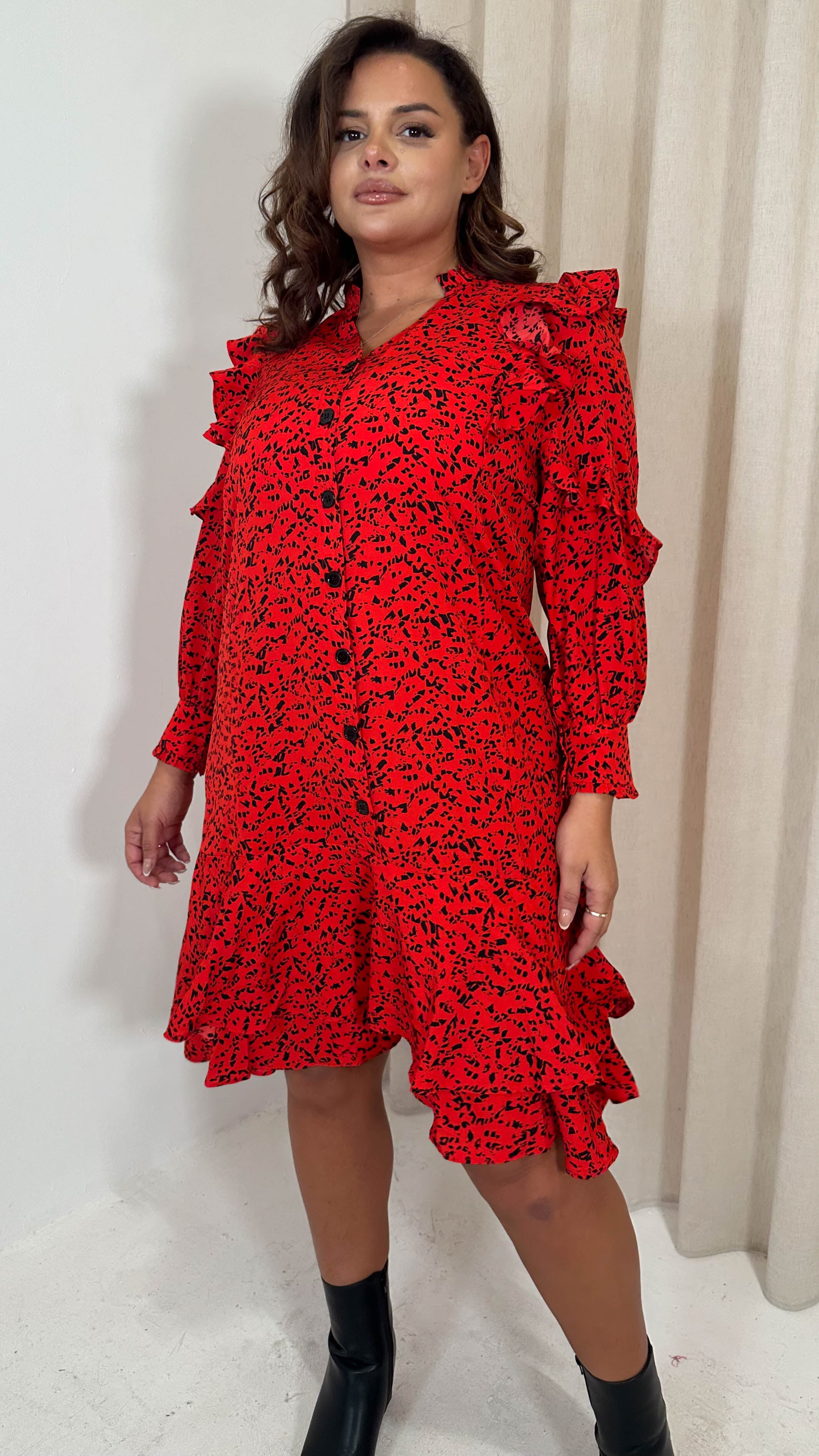 CurveWow Frill Shirt Dress Red Animal