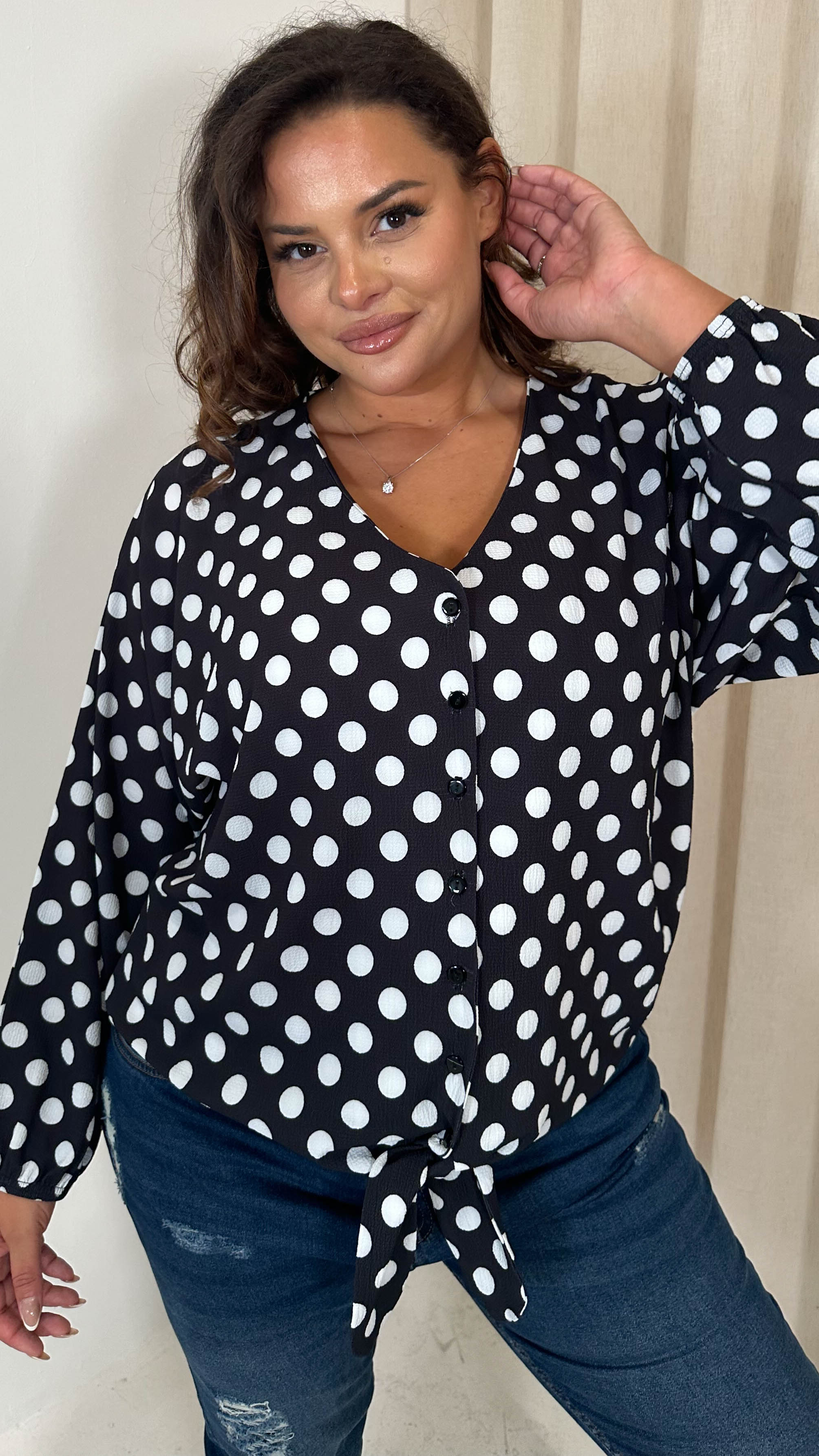 CurveWow Long Sleeve Tie Front Shirt White Polka Dot