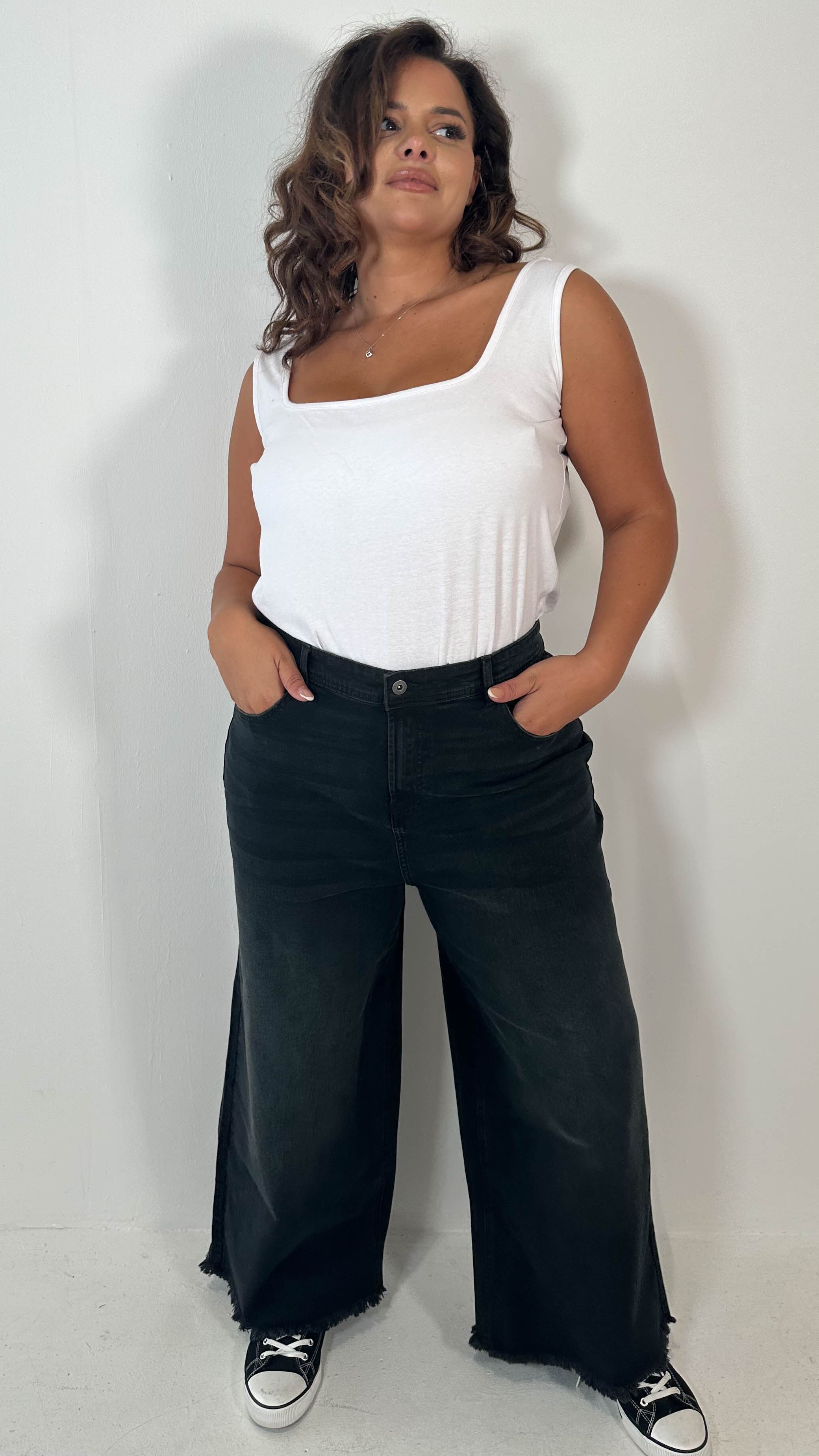 CurveWow Frayed Hem Wide Leg Jean Black