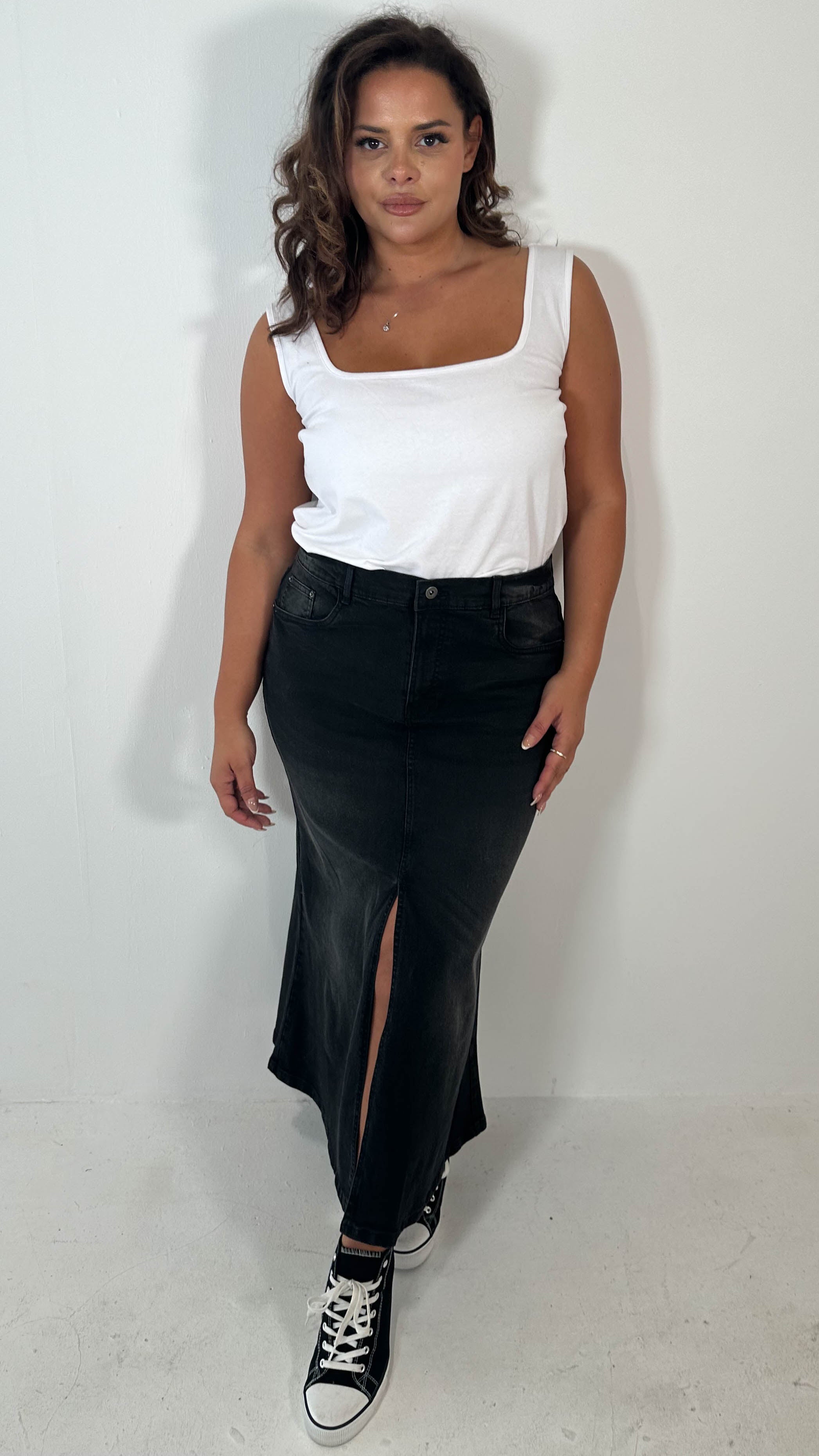 CurveWow Denim Split Front Midaxi Skirt Black