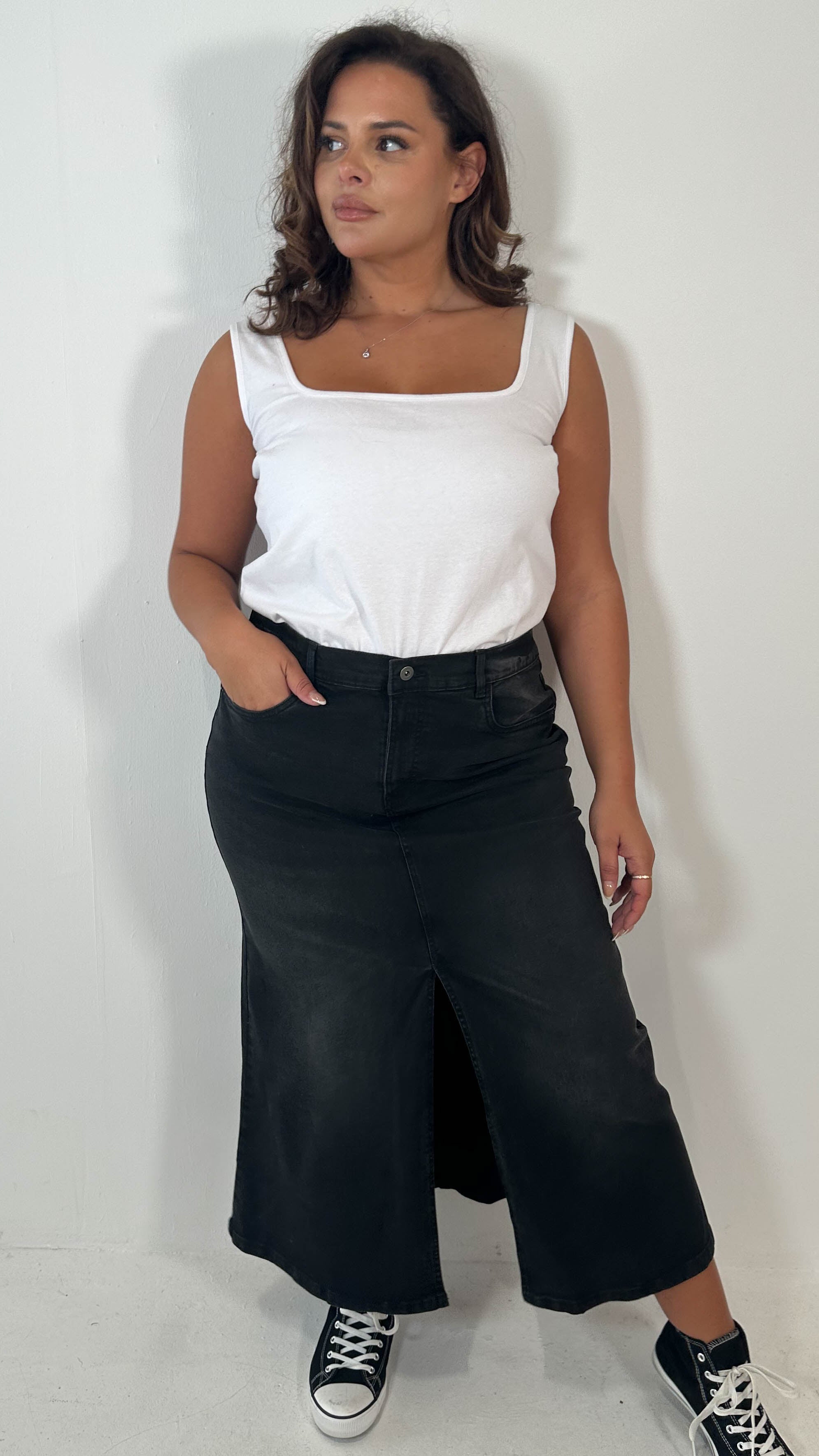 CurveWow Denim Split Front Midaxi Skirt Black