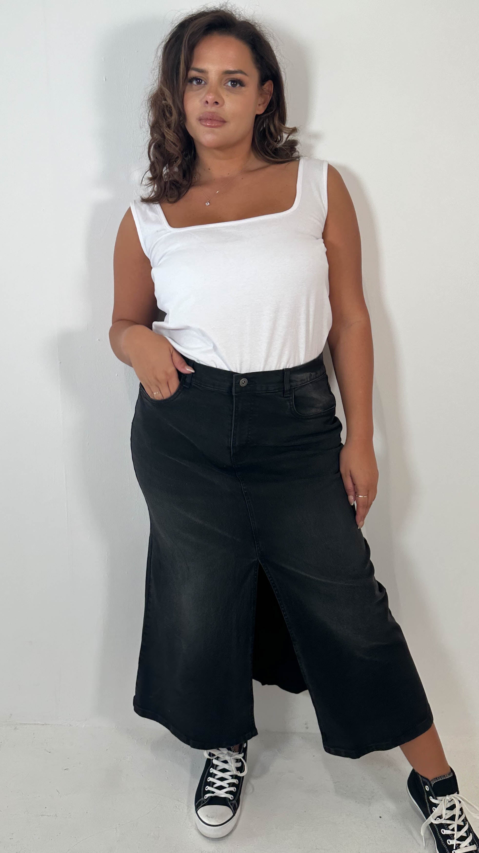 CurveWow Denim Split Front Midaxi Skirt Black