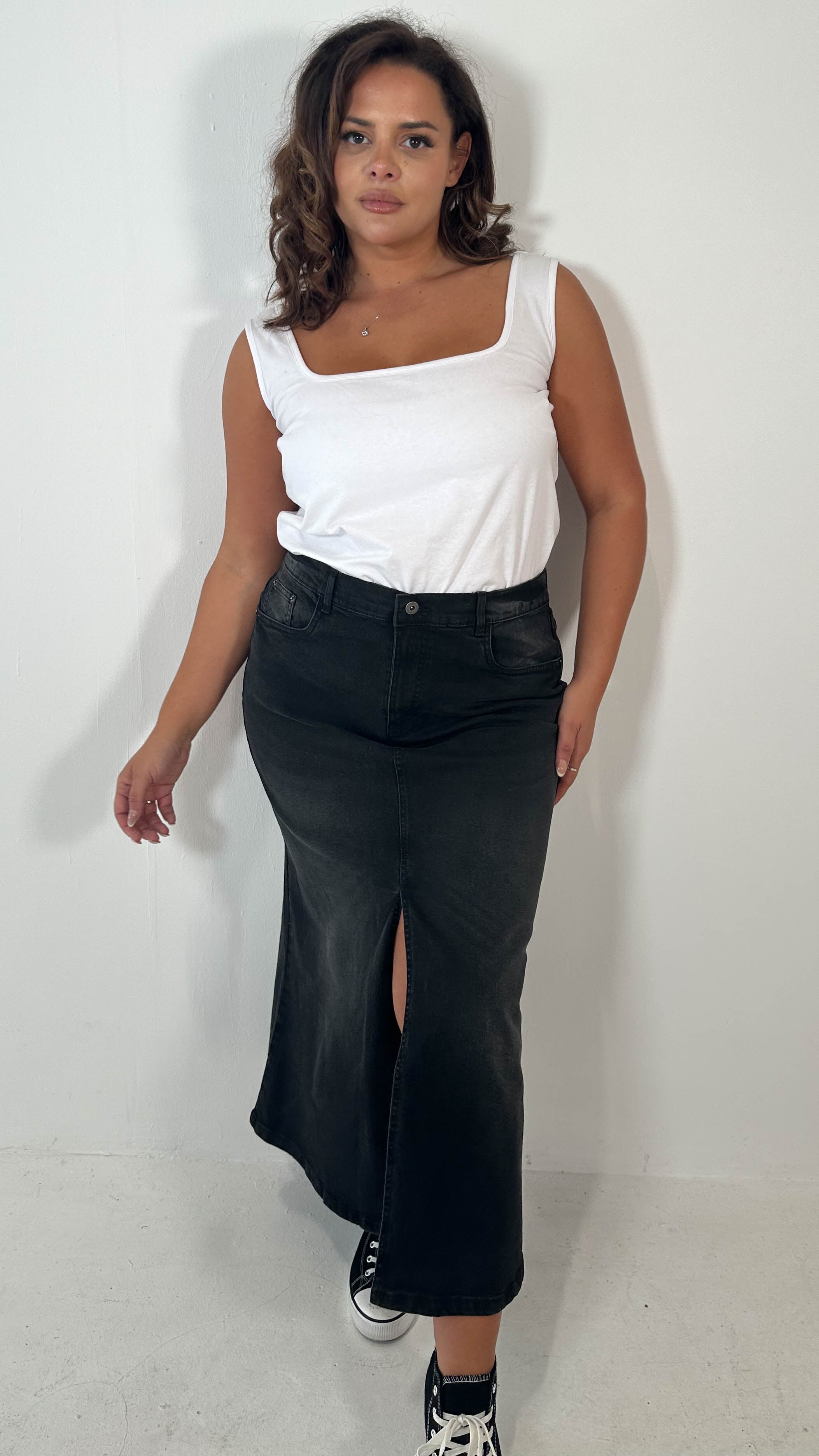 CurveWow Denim Split Front Midaxi Skirt Black