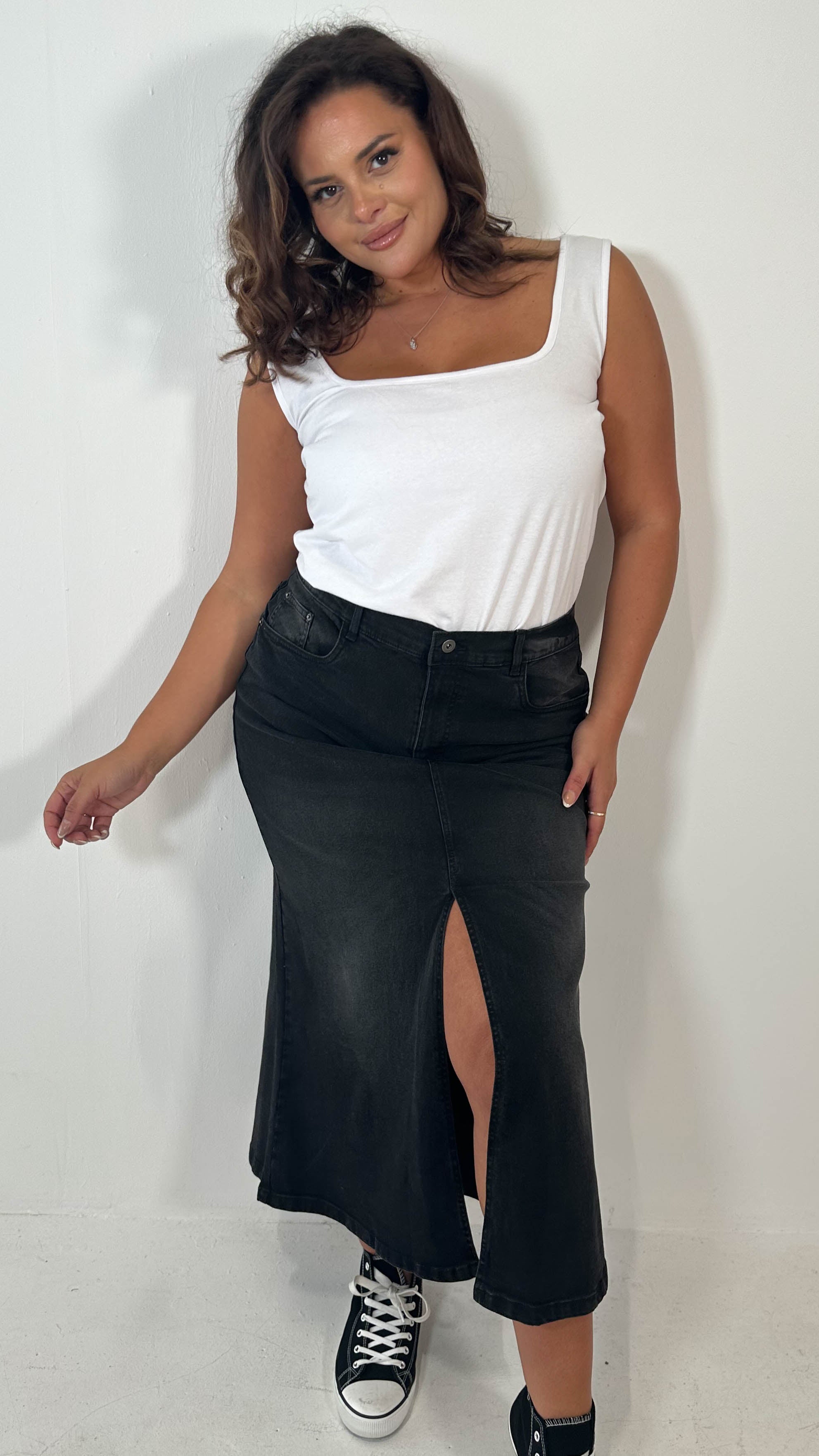 CurveWow Denim Split Front Midaxi Skirt Black