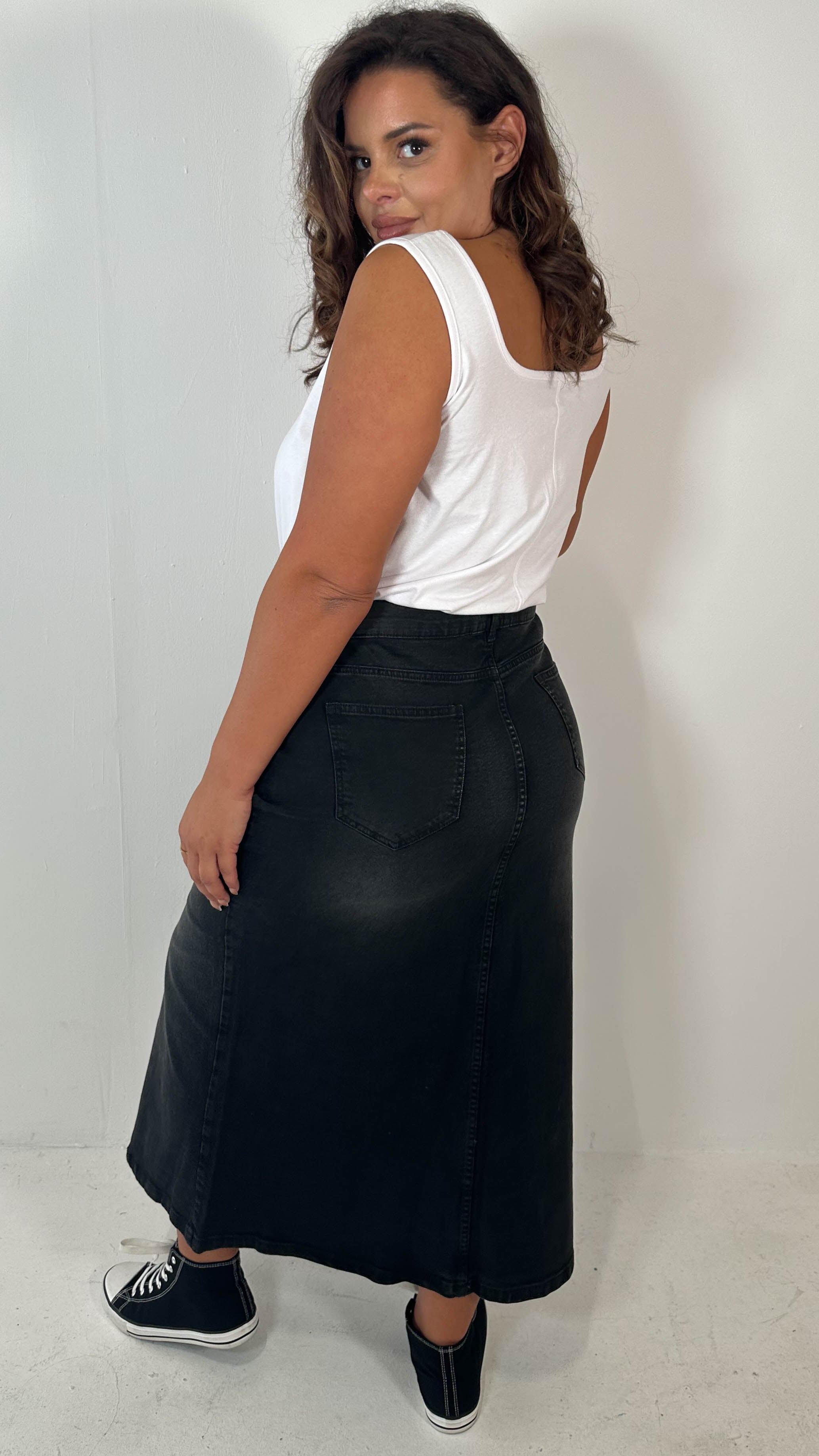 CurveWow Denim Split Front Midaxi Skirt Black